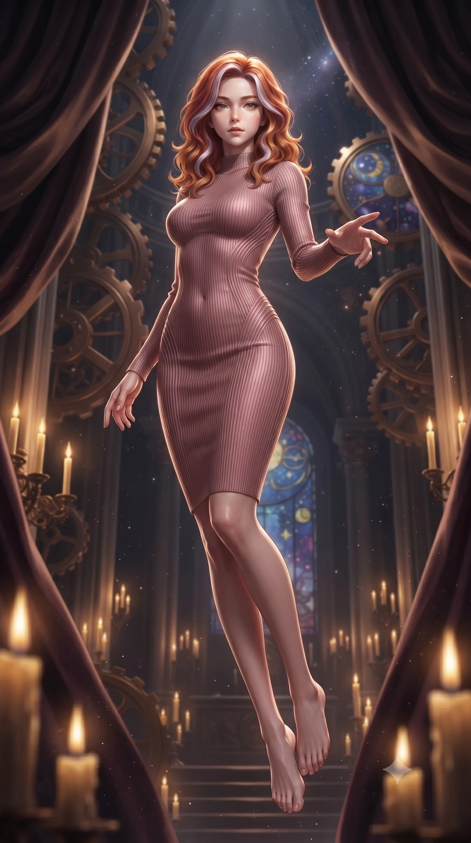 score_9, masterpiece, best quality, ultra-detailed, high-budget anime keyframe, editorial fashion photography, tasteful artistic composition, Caucasian woman woman. low angle full-body shot from head to toe showing her feet, filling the entire 9:16 vertical frame with her statuesque presence, stretching her vertical silhouette. She has an absolutely perfect, statuesque 8.5-heads proportion, an exceptionally tall and slender model-like female figure with impossibly long slender legs and an ultra-slim waist. floating dynamically in zero-gravity with flawless poise, reaching her hand forward gracefully, flawlessly proportioned anatomical accuracy, natural body alignment, perfectly sculpted elegant limbs, clean dynamic posture without body distortion. set against a soft-focus background of a high space cathedral nave with rotating bronze gears and velvet drapes. wearing a sculpted dusty rose ribbed knit bodycon dress with form-contouring side seams. bathed in dramatic chiaroscuro key light with flickering golden candlelight. ultra-reflective glossy finish, specular highlights, metallic sheen, high-contrast stereoscopic depth, volumetric dynamic lighting, 2k, ultra detail, master piece, 9:16 ratio