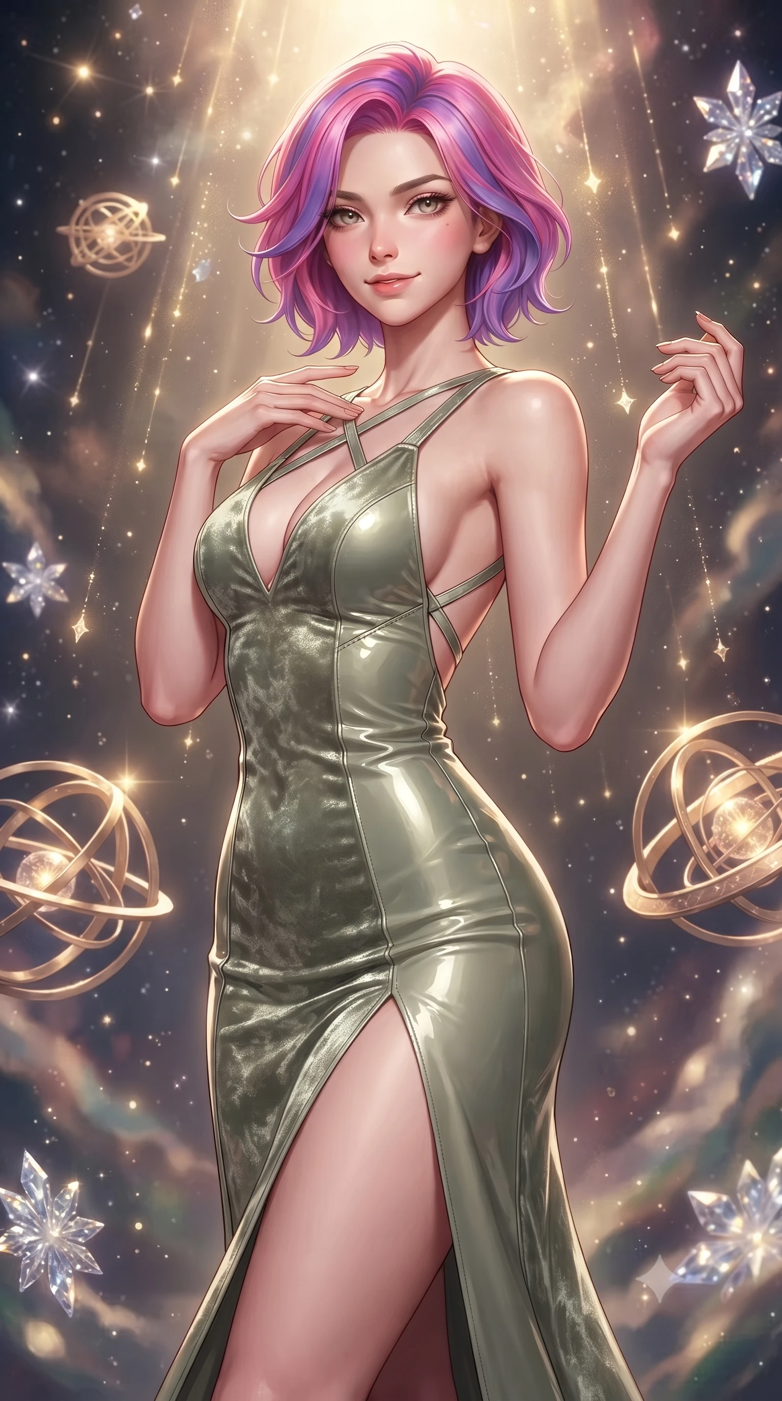 score_9, masterpiece, best quality, ultra-detailed, high-budget anime keyframe, editorial fashion photography, tasteful artistic composition, Caucasian woman. close-up cowboy shot from the waist and thighs up, the character dominates the composition, filling the frame with her large presence, background elements kept in soft focus. Smiling with quiet, magnetic self-assurance directly into the lens surrounded by floating armillary spheres and glowing starlight crystals, starlight particles falling like a golden shower around her. She has an exceptionally elegant, slender, and willowy female figure with an ultra-slim waist, a gracefully sculpted slender torso, and a refined silhouette. sharp v-shaped jawline, high-bridge nose, intricate jewel-like eyes with depth, thick eyelashes, glossy lips with a natural sheen. wearing a backless crushed velvet gown with a deep V-neckline and high thigh slit in sage green and oatmeal, tailored from high-gloss patent leather, complemented by criss-cross back straps highlighting her bare shoulders, the tailored fabric tightly following every curve of her athletic build. surrounded by a glowing aura of starlight and shimmering celestial rays. ultra-reflective glossy finish, specular highlights, metallic sheen, high-contrast stereoscopic depth, volumetric dynamic lighting, 2k, ultra detail, master piece, 9:16 ratio