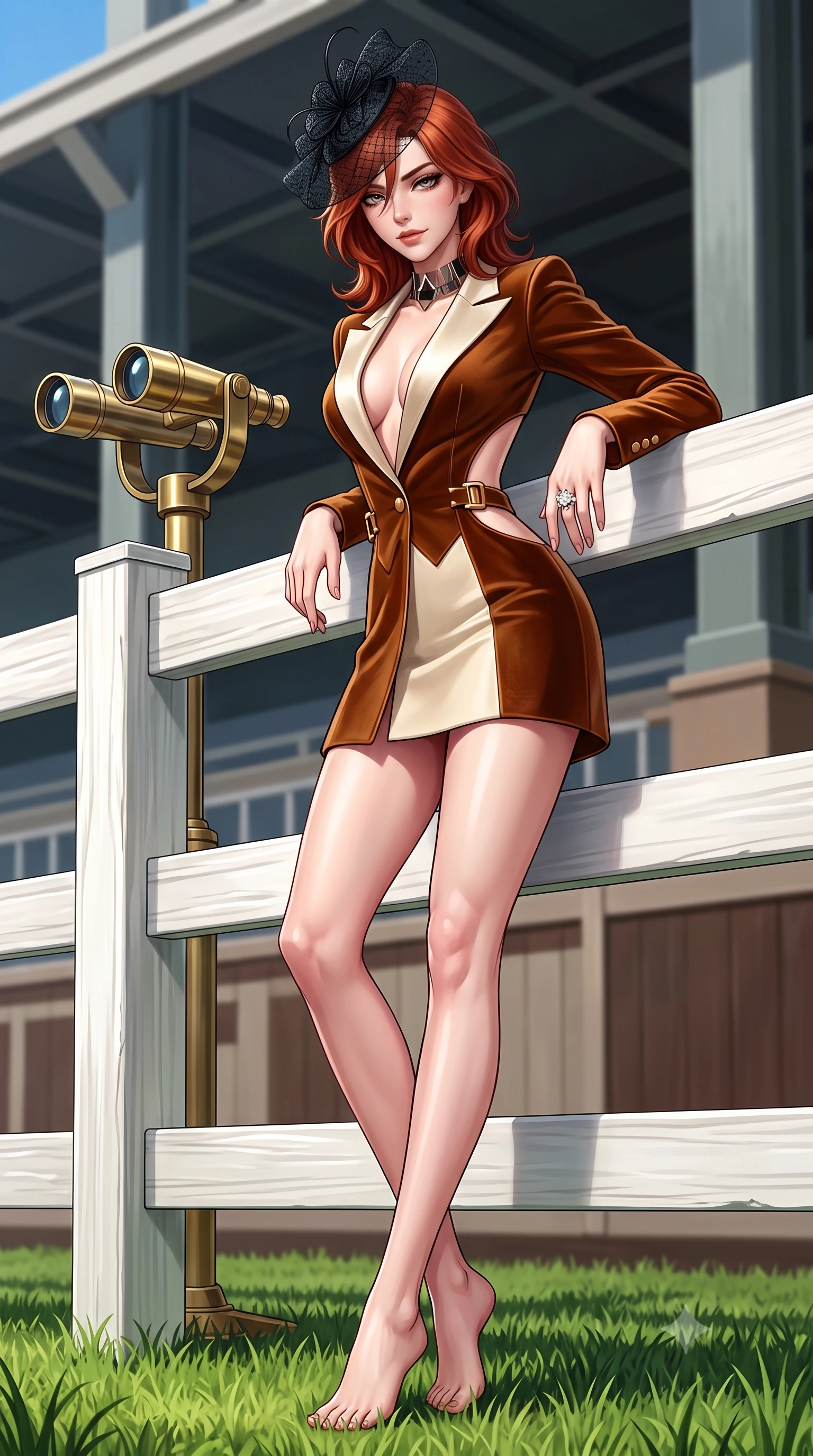score_9, masterpiece, best quality, ultra-detailed, high-budget anime keyframe, semi-realistic 3D game render, editorial fashion photography, tasteful artistic composition, Korean woman. low angle full-body shot from head to toe showing her feet, filling the entire 9:16 vertical frame with her statuesque presence, stretching her vertical silhouette. leaning deep against the structural architecture with hips cocked in an unapologetically bold, seductive high-fashion stance while leaning against the white-painted turf paddock railing with hips cocked back in a chic high-society stance, lowering her lace fascinator with an alluring smirk. The surrounding environment is rendered in vivid detail and crisp panoramic clarity. sharp white wooden paddock rails, polished brass binocular hardware, and manicured turf grass blades in deep focus. She has an exceptionally tall and slender model-like 8.5-heads proportion, an ultra-slim waist, a flat toned midriff, narrow delicate ribcage, and beautifully sculpted feminine hips creating a graceful, slim hourglass silhouette without any bulky heaviness, with impossibly long slender legs. sharp v-shaped jawline, high-bridge nose, intricate jewel-like eyes with depth, thick eyelashes, glossy parted lips with a natural sheen, intensely captivating and seductive bedroom-eyes expression, flawlessly proportioned anatomical accuracy, strict slender model proportions, natural body alignment, perfectly sculpted long slender limbs, ultra-slim waistline, clean dynamic posture without body distortion. wearing a tailored velvet tuxedo jacket dress with satin lapels, worn with a deep plunge neckline and gold hip buckle in rich equestrian cognac brown and crisp champagne cream, made of fluid silk crepe with delicate inner corsetry boning, complemented by a bold geometric choker and sparkling cocktail ring, the precision-cut side openings and low-back scoop framing her graceful spine and the sensual sweep of her slim, toned hips. illuminated by sharp specular highlights carving her sculpted collarbones, flat toned midriff, and rounded hips. highly saturated vibrant anime colors, detailed shading with soft gradients, rich glossy textures, high-contrast stereoscopic depth, volumetric dynamic lighting, master piece, 9:16 ratio