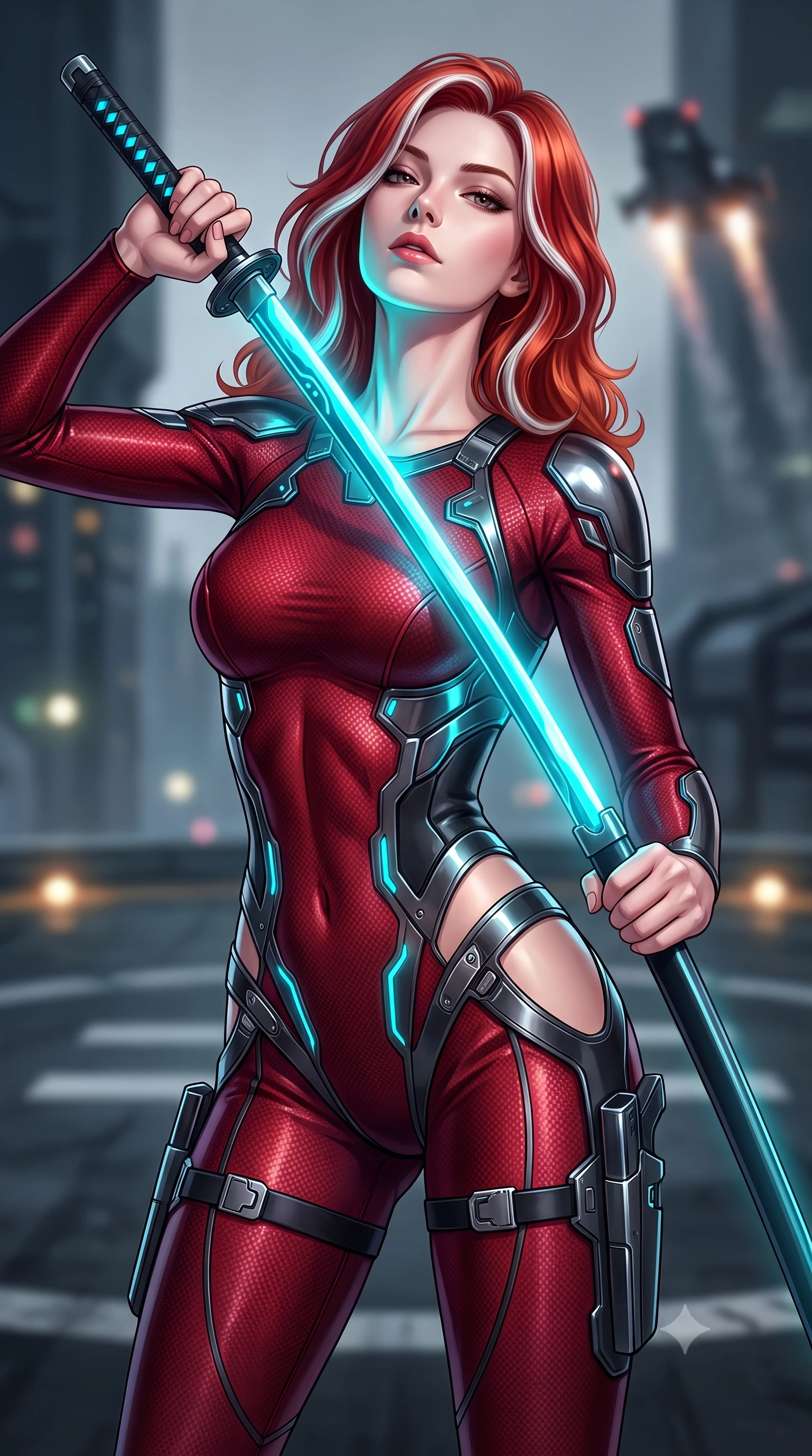 score_9, masterpiece, best quality, ultra-detailed, high-budget anime keyframe, semi-realistic 3D game render, editorial fashion photography, tasteful artistic composition, Caucasian woman. close-up cowboy shot from the waist and thighs up, the character dominates the composition, filling the frame with her large presence. tilting her head back with serene regal elegance, her sharp jawline and sculpted collarbones highlighted by glowing weapon energy reflections while sheathing her sleek plasma katana with effortless supermodel poise while casting a sovereign, captivating direct gaze into the lens. The composition keeps background elements in soft focus with creamy bokeh. helipad landing lights and flying vehicle exhaust trails softened in moody shallow focus. She has an exceptionally elegant, slender, and willowy female figure with an ultra-slim waist, a gracefully sculpted slender torso, toned flat midriff, and a refined slim silhouette. sharp v-shaped jawline, high-bridge nose, intricate jewel-like eyes with depth, thick eyelashes, glossy lips with a natural sheen, flawlessly proportioned anatomical accuracy, strict slender model proportions, natural body alignment, perfectly sculpted long slender limbs, ultra-slim waistline, clean dynamic posture without body distortion. wearing a skin-tight crimson carbon-weave combat leotard with metallic dark chrome plating and hip-accentuating cutouts, holding twin glowing high-frequency vibro-blades with effortless supermodel poise in matte obsidian carbon black with electric cyan conduits, made of liquid carbon-jersey fabric adhering flawlessly to her sculpted silhouette, detailed with magnetic weapon holsters and polished chrome connection clasps, the sleek second-skin cut tightly hugging her graceful clavicle, narrow waist, and feminine curves with athletic precision. illuminated by crisp white key lighting with sharp specular highlights tracing her sculpted carbon armor curves. rich saturated anime colors with glowing neon highlights, detailed shading with soft gradients, rich glossy textures, high-contrast stereoscopic depth, volumetric dynamic lighting, master piece, 9:16 ratio