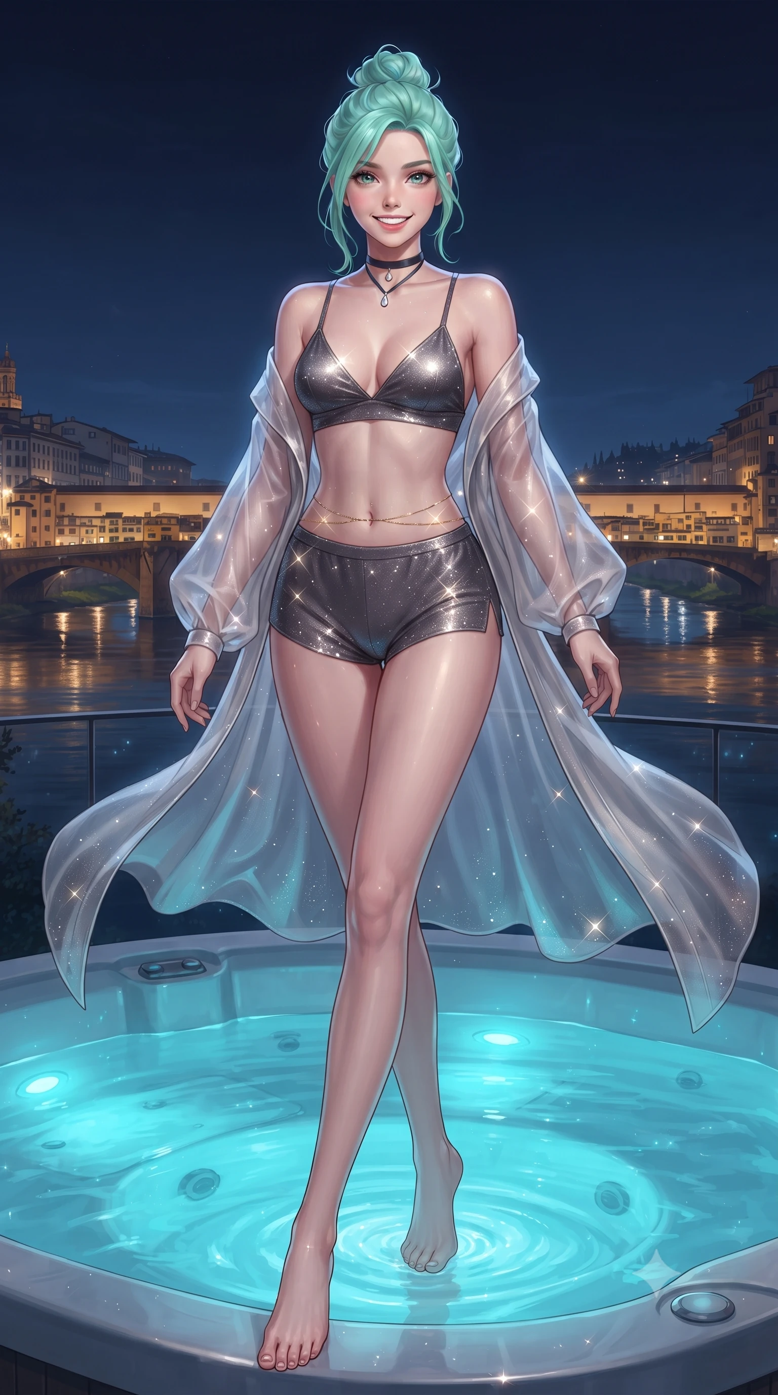 score_9, masterpiece, best quality, ultra-detailed, high-budget anime keyframe, editorial fashion photography, tasteful artistic composition, Japanese woman. low angle full-body shot from head to toe showing her feet, filling the entire 9:16 vertical frame with her statuesque presence, stretching her vertical silhouette. stepping forward in a confident stride, her long slender legs and curvaceous hips creating a dynamic, sweeping vertical line while lounging in the heated water propped on the jacuzzi rim, her long slender limbs and toned silhouette commanding the moonlit river panorama. The surrounding environment is rendered in vivid detail and crisp panoramic clarity: detailed wet-look sheer chiffon slip dress cling, gold belly chain glint, and historic bridge architecture in razor-sharp precision. She has an exceptionally tall and slender model-like 8.5-heads proportion, an ultra-slim waist, a flat toned midriff, narrow delicate ribcage, and beautifully sculpted feminine hips creating a graceful, slim hourglass silhouette without any bulky heaviness, with impossibly long slender legs. sharp v-shaped jawline, high-bridge nose, intricate jewel-like sparkling eyes with depth, thick eyelashes, glossy parted lips with a natural peach sheen, bright cheerful beaming smile with an enchanting and coquettish sensual glint, exuding both youthful cute charm and seductive allure, flawlessly proportioned anatomical accuracy, strict slender model proportions, natural body alignment, perfectly sculpted long slender limbs, ultra-slim waistline, clean dynamic posture without body distortion. wearing a sheer silk organza modern caftan robe worn loose and slipping off bare shoulders over a matching satin bralette and micro-shorts in Hollywood starlight platinum and smoky charcoal, woven from stretch metallic lurex jersey casting radiant starlight glints across her curves, finished with a thin velvet ribbon choker and a single teardrop diamond pendant, the second-skin tailored fabric adhering flawlessly to her sculpted flat midriff and slender torso, emphasizing her long leg lines and perfectly proportioned willowy build. bathed in underwater jacuzzi cyan LEDs contrasted with warm golden city lights and deep navy sky fill. ultra-reflective glossy finish, specular highlights, rich textural contrasts, high-contrast stereoscopic depth, volumetric dynamic lighting, 2k, ultra detail, master piece, 9:16 ratio
