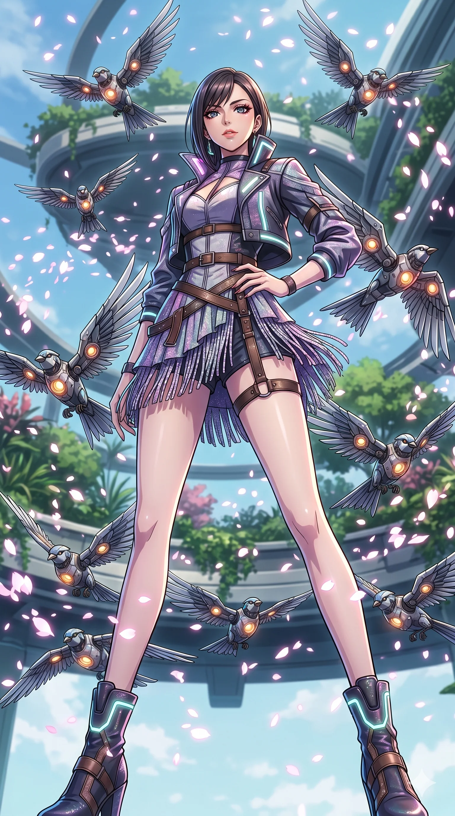 score_9, masterpiece, best quality, ultra-detailed, Set A: High-budget Anime Keyframe, Japanese woman. Low angle cowboy shot filling the entire 9:16 frame with her statuesque presence. Standing victoriously through a floating botanical garden, surrounded by a whirlwind of 12 mechanical birds and surrounded by digital sakura petals. She has an absolutely perfect 8-heads proportion, an exceptionally tall and slender female figure with impossibly long slender legs and an ultra-slim waist. Sharp v-shaped jawline, high-bridge nose, intricate jewel-like eyes with depth, thick eyelashes, glossy lips with a natural sheen. Wearing Cyberpunk idol stage outfit with glittery fringes, leather straps, and glowing LED accents. Cinematic lighting, vibrant colors, dramatic shadows, 2k, ultra detail, master piece, 9:16 ratio
