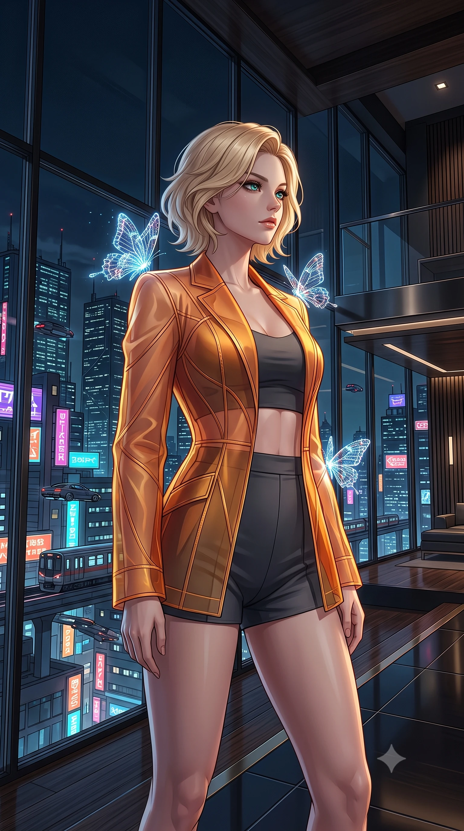 score_9, masterpiece, best quality, ultra-detailed, High-budget Anime Keyframe, Caucasian woman, strictly human ears. Low angle cowboy shot filling the entire 9:16 frame with her statuesque presence. Scenario 545: watching digital butterflies land on her shoulders in a luxury penthouse with floor-to-ceiling glass walls overlooking a neon grid. Her presence is magnetic and overpowering in this high-budget anime scene. Outfit 545: a tailored sunset orange sheer organza jacket worn over an opaque crop top and high-waisted shorts. The clothing is designed to emphasize her exceptionally tall and slender 8-heads proportion. 8-heads proportion, towering silhouette, ultra-slim waist. sharp v-shaped jawline, intricate jewel-like eyes with depth, thick eyelashes, glossy lips. 2k, ultra detail, master piece, 9:16 ratio