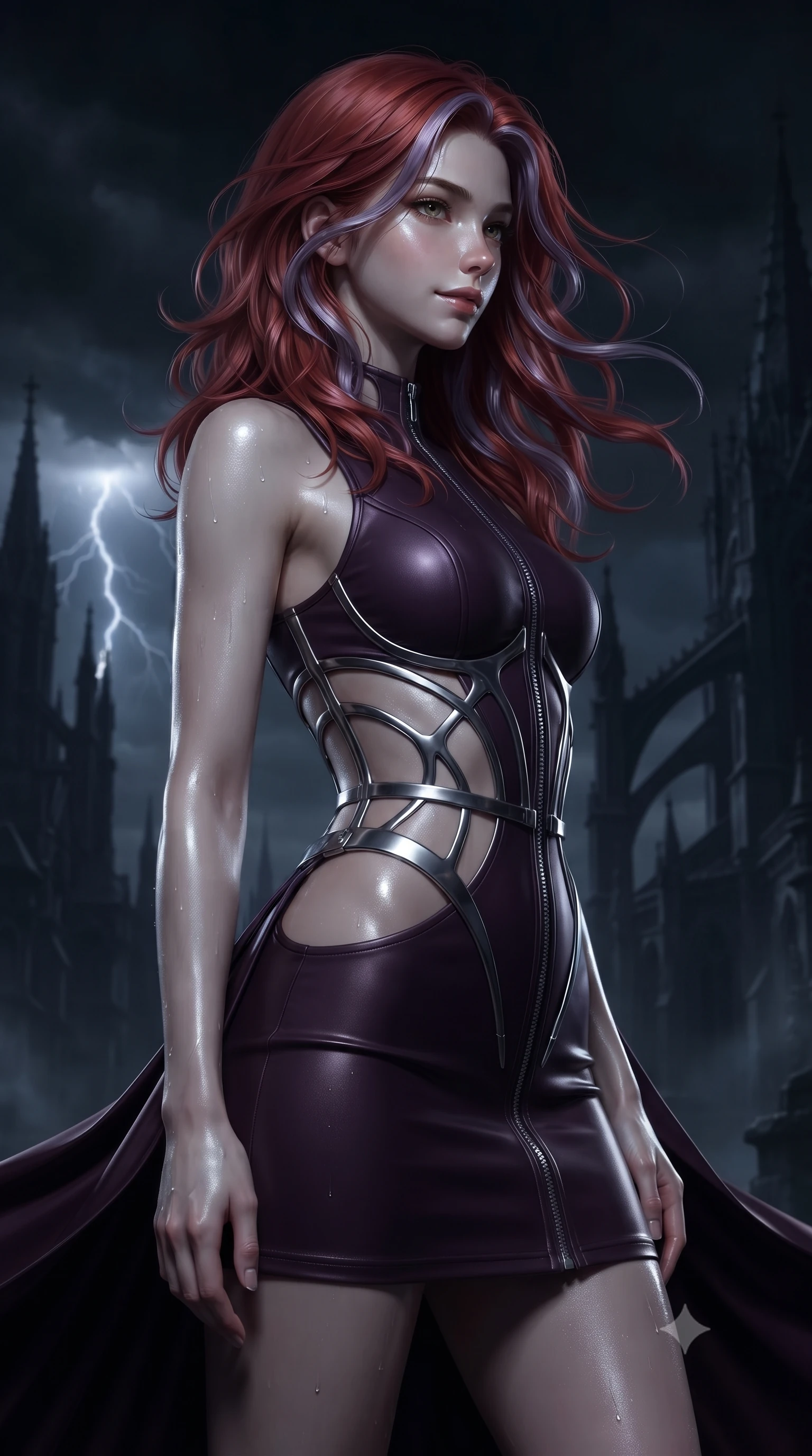 score_9, masterpiece, best quality, ultra-detailed, high-budget anime keyframe, editorial fashion photography, tasteful artistic composition, Caucasian woman. close-up cowboy shot from the waist and thighs up, the character dominates the composition, filling the frame with her large presence, background elements kept in soft focus. Glancing sidelong over her shoulder with a smoldering, enigmatic half-smile, looking out into the pitch-black night as lightning illuminates distant gothic spires, cool night wind whipping her attire in dynamic statuesque motion. She has an exceptionally elegant, slender, and willowy female figure with an ultra-slim waist, a gracefully sculpted slender torso, and a refined silhouette. sharp v-shaped jawline, high-bridge nose, intricate jewel-like eyes with depth, thick eyelashes, glossy lips with a natural sheen. wearing architectural cut-out dark leather mini dress with sculpted metallic boning in dark plum violet, made of liquid dark mercury jersey, finished with metallic silver boning and sleek zipper points, following her slender form with tailored precision. bathed in cold silvery rain-soaked key light and deep dark shadows. ultra-reflective glossy finish, specular highlights, metallic sheen, high-contrast stereoscopic depth, volumetric dynamic lighting, 2k, ultra detail, master piece, 9:16 ratio