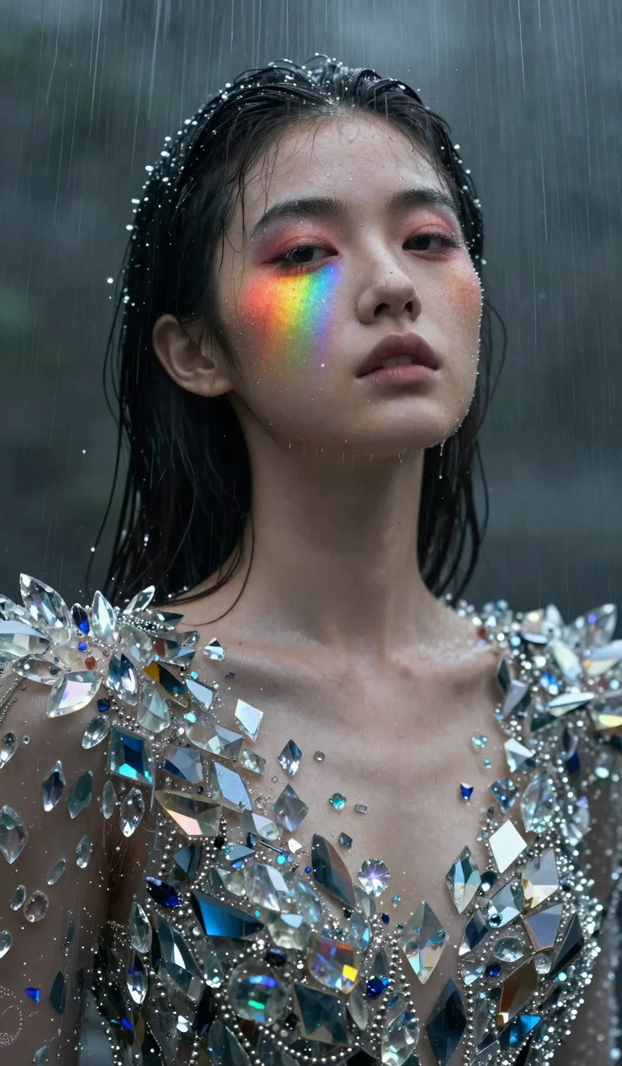 (masterpiece:1.2), best quality, highres, (1girl:1.3), gorgeous woman, (dress made of crystal shards:1.2), rainbows reflecting on face, avant-garde fashion, 2k, ultra detail, 9:16 ratio