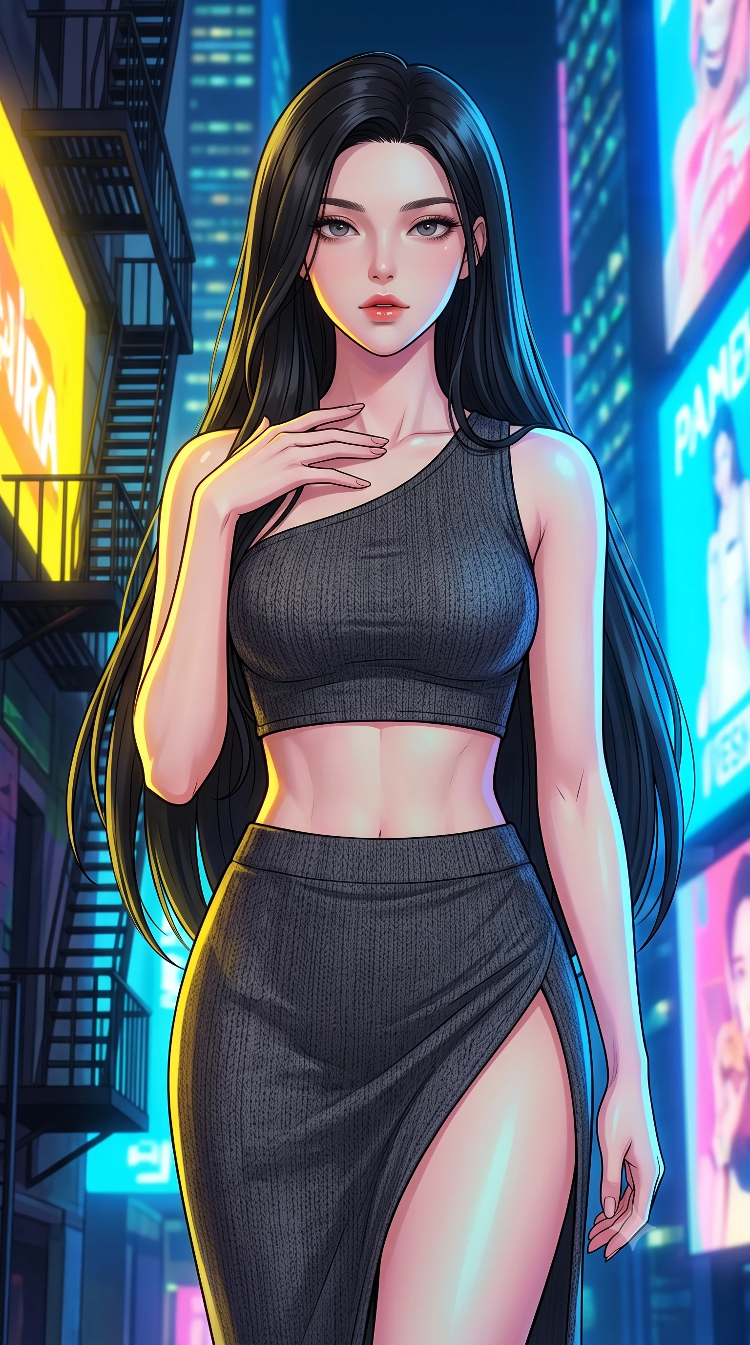 score_9, masterpiece, best quality, ultra-detailed, high-budget anime keyframe, tasteful artistic composition, Korean woman. close-up cowboy shot from the waist and thighs up, the character dominates the composition, filling the frame with her large presence, background elements kept in soft focus. standing with one hand resting on her collarbone, looking at the viewer with bedroom-eyes the background shows a soft-focus a narrow fire escape stairs attached to a towering neon skyscraper. She has an exceptionally elegant, slender, and willowy female figure with an ultra-slim waist, a gracefully sculpted slender torso, and a refined silhouette. sharp v-shaped jawline, high-bridge nose, intricate jewel-like eyes with depth, thick eyelashes, glossy lips with a natural sheen. wearing a slim-fit asymmetric one-shoulder crop top in charcoal knit, paired with a high-slit skirt. intense yellow and blue ambient glow from the massive advertisements across the street. highly saturated vibrant anime colors, cel-shading, 2d style, master piece, 9:16 ratio