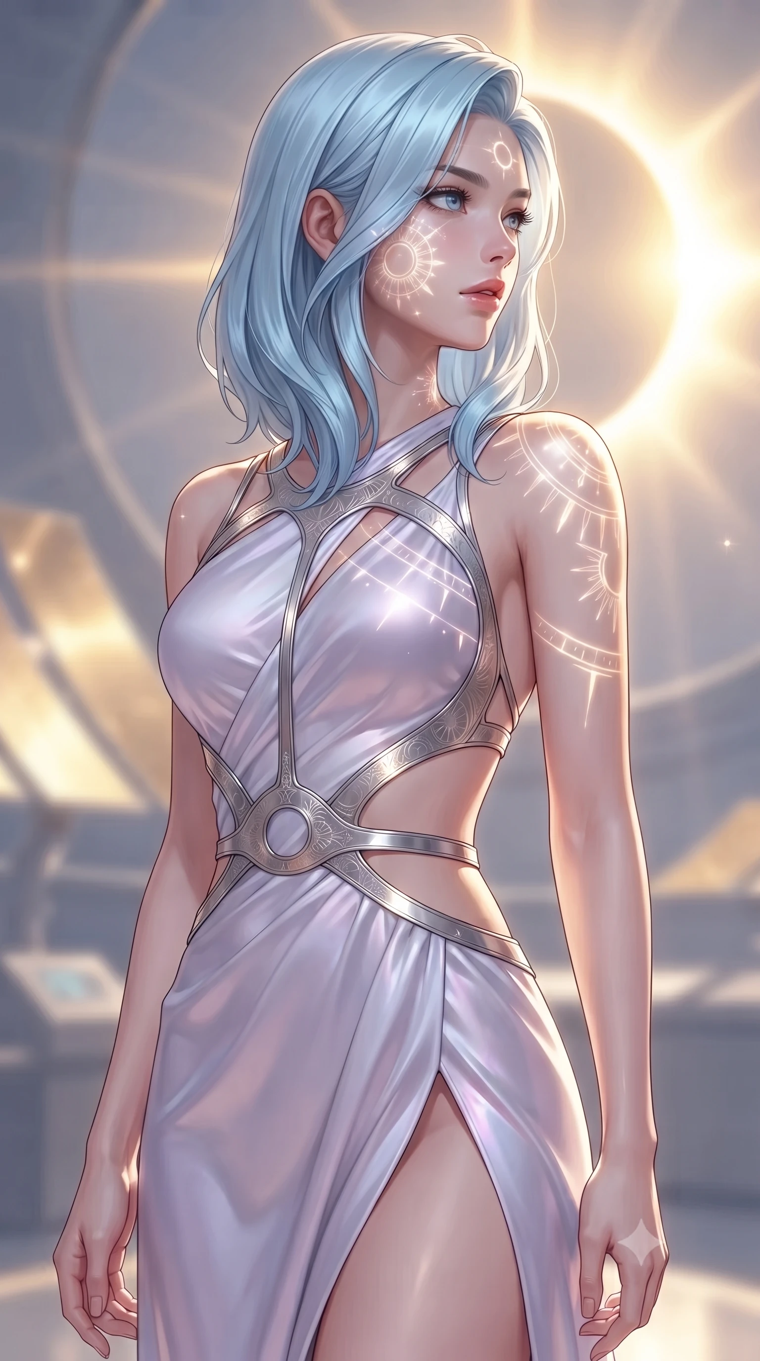 score_9, masterpiece, best quality, ultra-detailed, high-budget anime keyframe, editorial fashion photography, tasteful artistic composition, Korean woman. close-up cowboy shot from the waist and thighs up, the character dominates the composition, filling the frame with her large presence, background elements kept in soft focus. Turning her face in sharp dramatic profile against the radiant light, resting near a sun-ray collector emitting warm golden ether light, translucent sun-dial markings projected onto her sleek outfit. She has an exceptionally elegant, slender, and willowy female figure with an ultra-slim waist, a gracefully sculpted slender torso, and a refined silhouette. sharp v-shaped jawline, high-bridge nose, intricate jewel-like eyes with depth, thick eyelashes, glossy lips with a natural sheen. wearing draped white silk gown featuring graceful waist cutouts and thigh slit in pastel lavender violet, made of liquid mercury jersey, highlighted by a platinum metallic harness structure, highlighting her statuesque proportions and ultra-slim waistline. illuminated by the radiant golden corona of a solar eclipse. ultra-reflective glossy finish, specular highlights, metallic sheen, high-contrast stereoscopic depth, volumetric dynamic lighting, 2k, ultra detail, master piece, 9:16 ratio