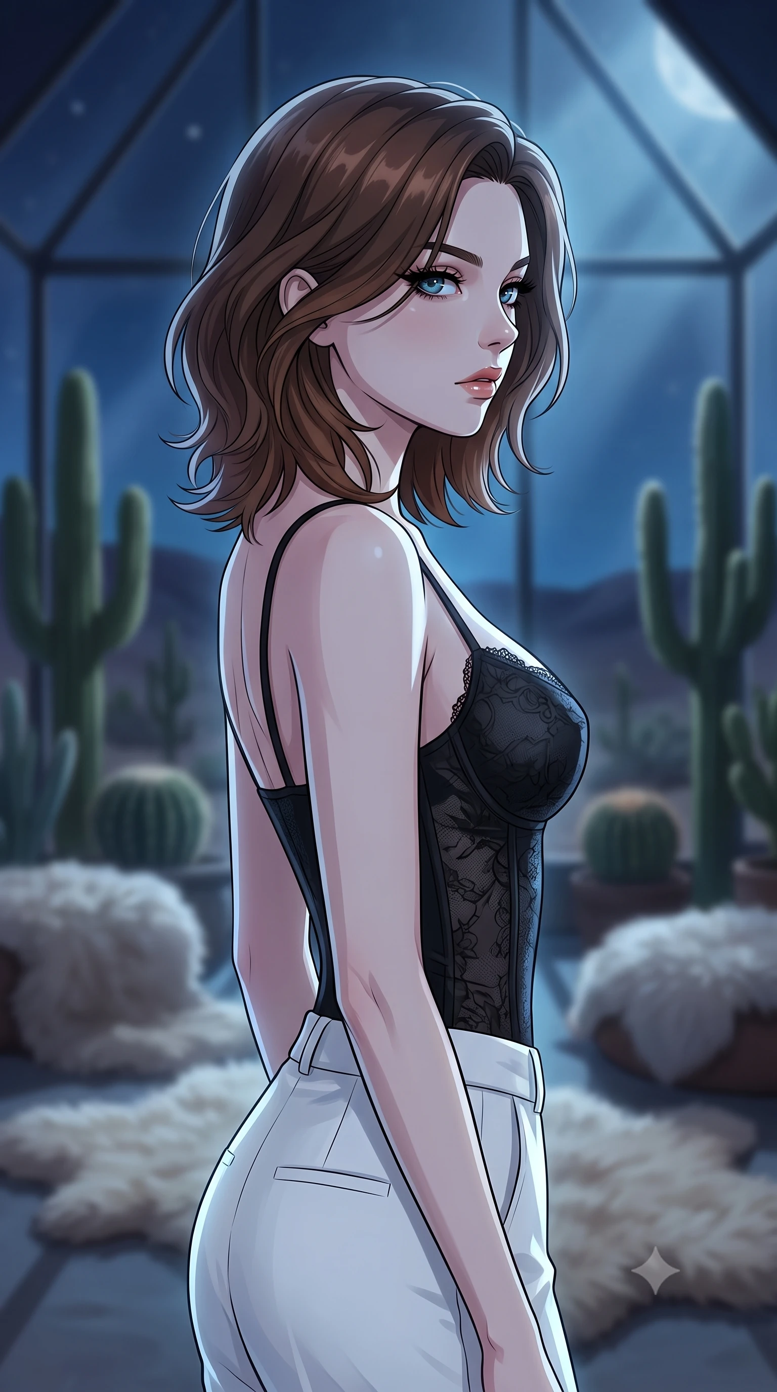 score_9, masterpiece, best quality, ultra-detailed, high-budget anime keyframe, tasteful artistic composition, Korean woman. close-up cowboy shot from the waist and thighs up, the character dominates the composition, filling the frame with her large presence, background elements kept in soft focus. turning her face in sharp profile, casting a cold, mysterious, yet intensely alluring side gaze, the background shows a soft-focus a glass-walled observatory filled with cacti and soft sheepskin rugs at night. She has an exceptionally elegant, slender, and willowy female figure with an ultra-slim waist, a gracefully sculpted slender torso, and a refined silhouette. sharp v-shaped jawline, high-bridge nose, intricate jewel-like eyes with depth, thick eyelashes, glossy lips with a natural sheen. wearing a form-contouring delicate lace corset top in black silk, paired with high-waisted white linen trousers. soft silver moonlight wrapping her silhouette in a cool cosmic glow. highly saturated vibrant anime colors, cel-shading, 2d style, master piece, 9:16 ratio