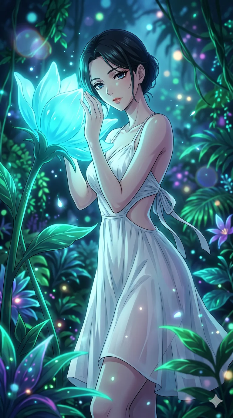 score_9, masterpiece, best quality, ultra-detailed, High-budget Anime Keyframe, vibrant colors, fluid line-art, expressive lighting, cinematic composition, Ufotable-style visual effects, top-tier animation quality, Japanese woman with delicate and elegant anime-inspired features. Upper body close-up from the thighs up, character filling the screen for maximum presence. Resting against a giant glowing flower that emits a soft, pulse-like light. She has an absolutely perfect 8-heads proportion, an exceptionally tall and slender female figure with impossibly long slender legs and an ultra-slim waist, her statuesque height and towering silhouette dominating the vertical 9:16 frame. Her face is a masterpiece featuring a sharp v-shaped jawline, high-bridge nose, intricate jewel-like eyes with depth, thick eyelashes, and glossy lips with a natural sheen. She is wearing a Flowy white linen sundress with a tie-back detail, asymmetrical cutouts on the waist, and sheer transparency.. The scene is set in a bioluminescent jungle where every leaf and flower glows with a unique frequency. 2k, ultra detail, master piece, 9:16 ratio