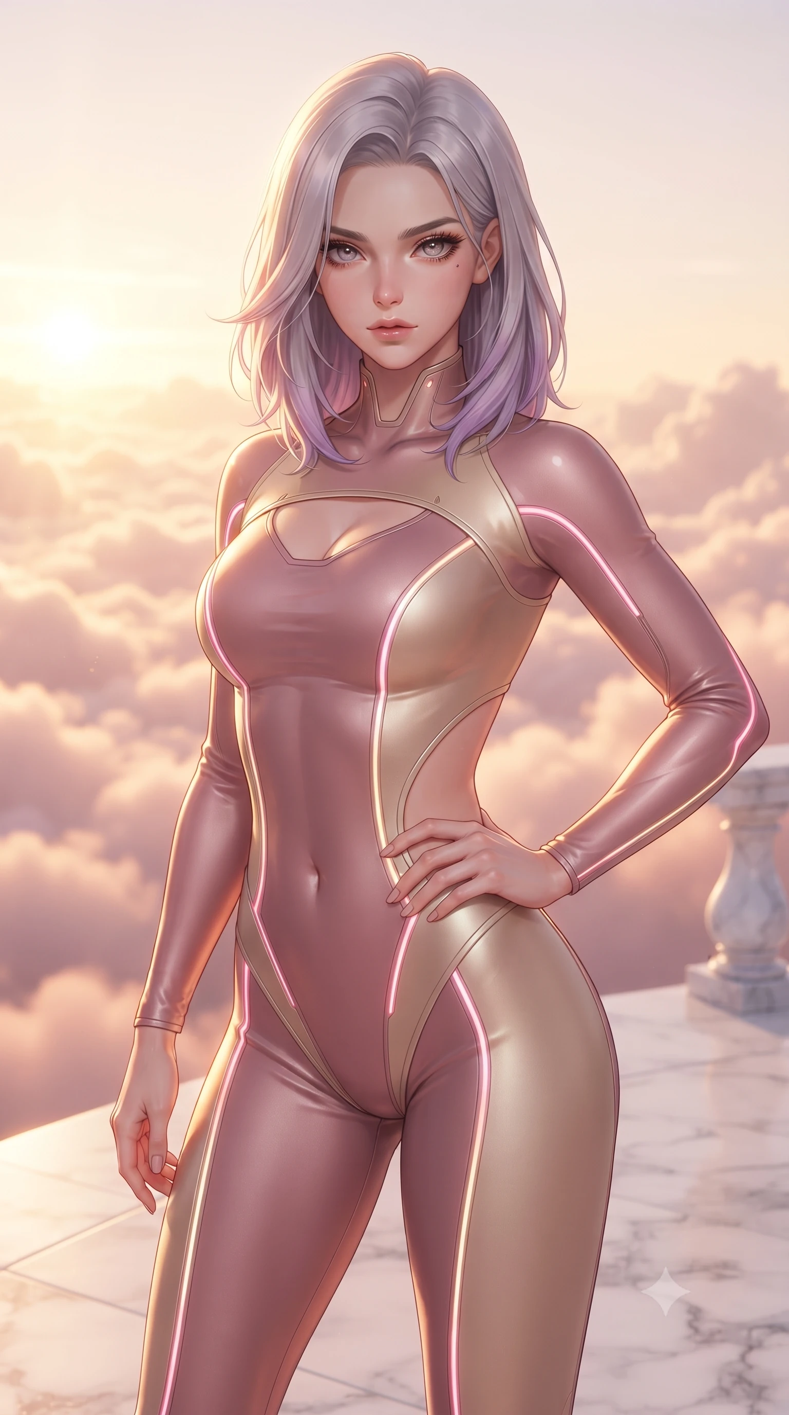 score_9, masterpiece, best quality, ultra-detailed, high-budget anime keyframe, editorial fashion photography, tasteful artistic composition, Caucasian woman. close-up cowboy shot from the waist and thighs up, the character dominates the composition, filling the frame with her large presence, background elements kept in soft focus. Holding a confident power pose with one hand on her hip, gazing directly into the camera with quiet intensity standing on a floating white marble terrace above a sea of rose-gold clouds, golden hour sunbursts creating a majestic rim lighting effect. She has an exceptionally elegant, slender, and willowy female figure with an ultra-slim waist, a gracefully sculpted slender torso, and a refined silhouette. sharp v-shaped jawline, high-bridge nose, intricate jewel-like eyes with depth, thick eyelashes, glossy lips with a natural sheen. wearing a skin-tight cybernetic bodysuit with glowing neon seams and side cutouts in dusty rose and champagne gold, formed from sleek second-skin neoprene, accented with a Tasteful chest slit framing her clavicle gracefully, the tailored fabric tightly following every curve of her athletic build. bathed in glorious golden hour sunbeams and warm rose-gold ambient light. highly saturated vibrant anime colors, detailed shading with soft gradients, rich glossy textures, high-contrast stereoscopic depth, volumetric dynamic lighting, master piece, 9:16 ratio