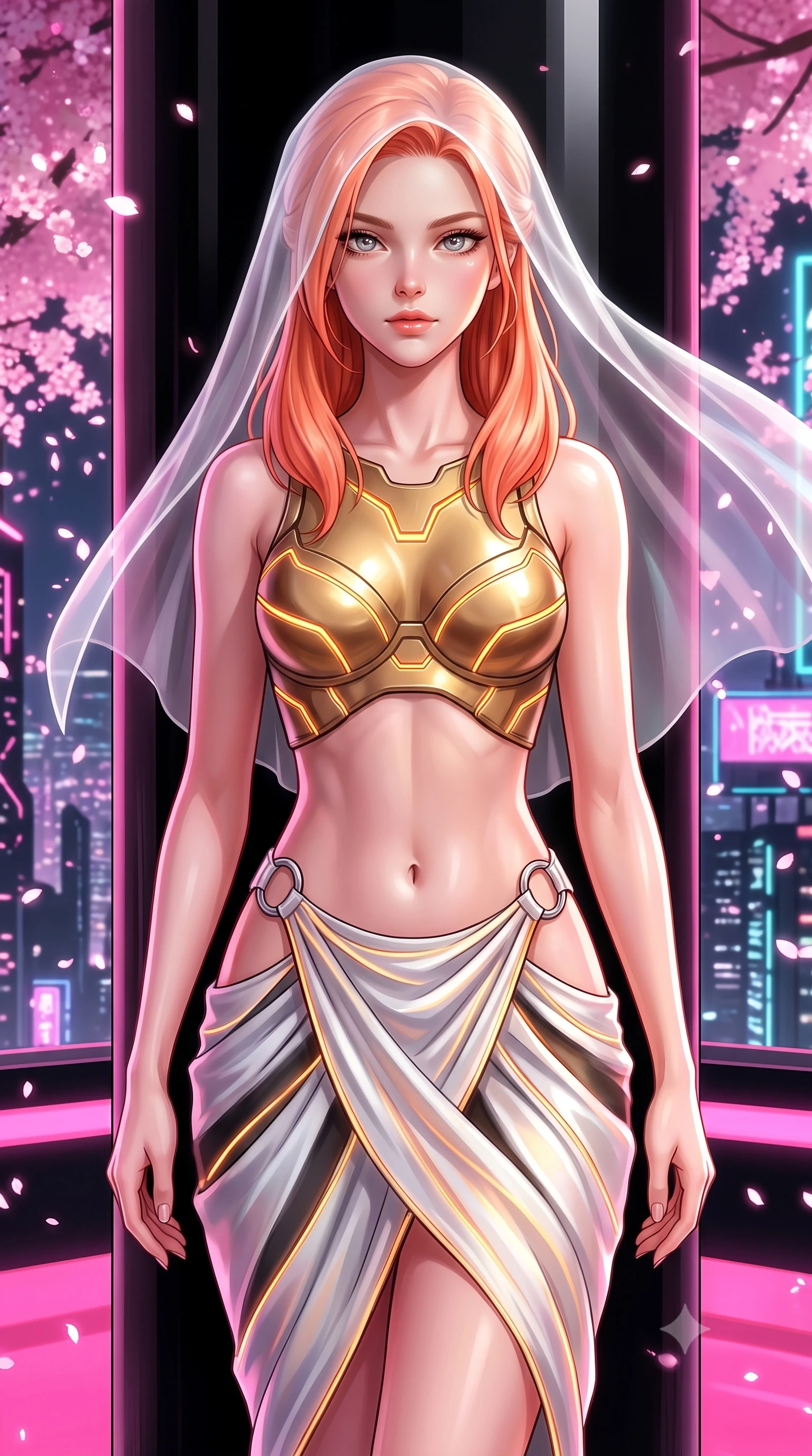 score_9, masterpiece, best quality, ultra-detailed, high-budget anime keyframe, semi-realistic 3D game render, editorial fashion photography, tasteful artistic composition, Japanese woman. close-up cowboy shot from the waist and thighs up, the character dominates the composition, filling the frame with her large presence. gazing forward with divine sovereign poise, captivating jewel-like eyes shining with transcendent luminescence and alluring grace while leaning against a polished black lacquered pillar with an alluring, direct gaze amidst drifting digital blossom particles. The surrounding environment is rendered in vivid detail and crisp panoramic clarity. vibrant contrast between rich digital pinks, obsidian black surfaces, and neon light in panoramic sharpness. She has an exceptionally elegant, slender, and willowy female figure with an ultra-slim waist, a gracefully sculpted slender torso, toned flat midriff, and a refined slim silhouette. sharp v-shaped jawline, high-bridge nose, intricate jewel-like eyes with depth, thick eyelashes, glossy lips with a natural sheen, flawlessly proportioned anatomical accuracy, strict slender model proportions, natural body alignment, perfectly sculpted long slender limbs, ultra-slim waistline, clean dynamic posture without body distortion. wearing an ethereal translucent cyber-veil paired with a sculpted golden mechanical cuirass and high-fashion draped silk skirt in high-contrast monochrome white enamel and glowing amber lines, made of smooth flowing silk chiffon that shifts colors with movement, detailed with polished silver rings connecting the daring side-waist cutouts, the sleek second-skin cut tightly hugging her graceful clavicle, narrow waist, and feminine curves with athletic precision. illuminated by crisp white key light and sharp specular highlights tracing her sculpted silhouette. rich saturated anime colors with glowing neon highlights, detailed shading with soft gradients, rich glossy textures, high-contrast stereoscopic depth, volumetric dynamic lighting, master piece, 9:16 ratio