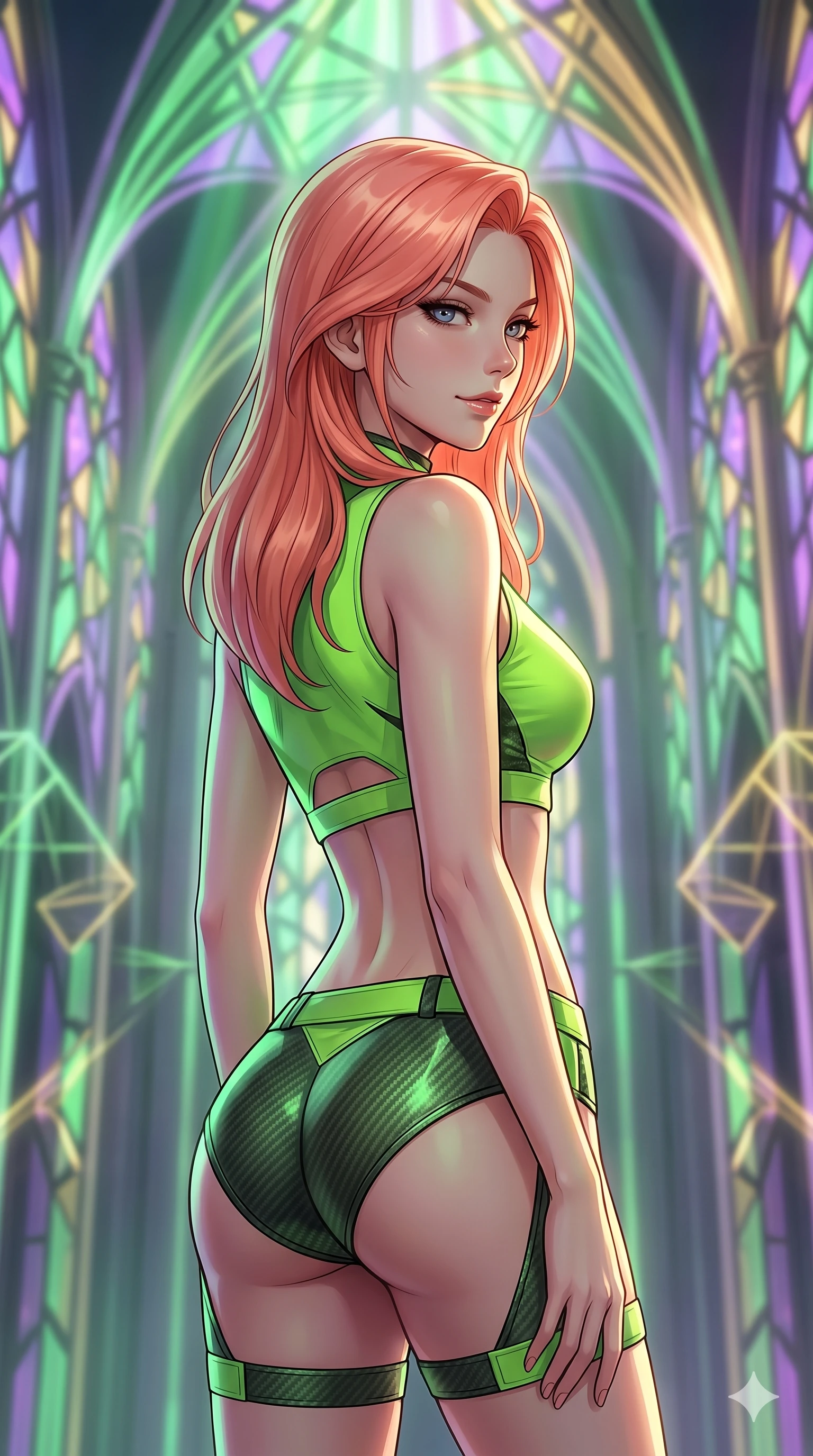 score_9, masterpiece, best quality, ultra-detailed, high-budget anime keyframe, editorial fashion photography, tasteful artistic composition, Japanese woman. close-up cowboy shot from the waist and thighs up, the character dominates the composition, filling the frame with her large presence, background elements kept in soft focus. Glancing sidelong over her shoulder with a smoldering half-smile. set against a soft-focus background of a massive cathedral whose walls and vaulted ceiling are constructed entirely from intersecting beams of colored structured light forming geometric stained-glass patterns that hover without physical support. She has an exceptionally elegant and slender, willowy female figure with an ultra-slim waist, a gracefully sculpted slender torso, and a refined slim physique. sharp v-shaped jawline, high-bridge nose, intricate jewel-like eyes with depth, thick eyelashes, glossy lips with a natural sheen. wearing a cyber-tactical crop top in neon green with an exposed midriff, paired with matching high-cut carbon fiber shorts and thigh straps. illuminated by a shifting aurora palette of green violet and gold from above. 2k, ultra detail, master piece, 9:16 ratio