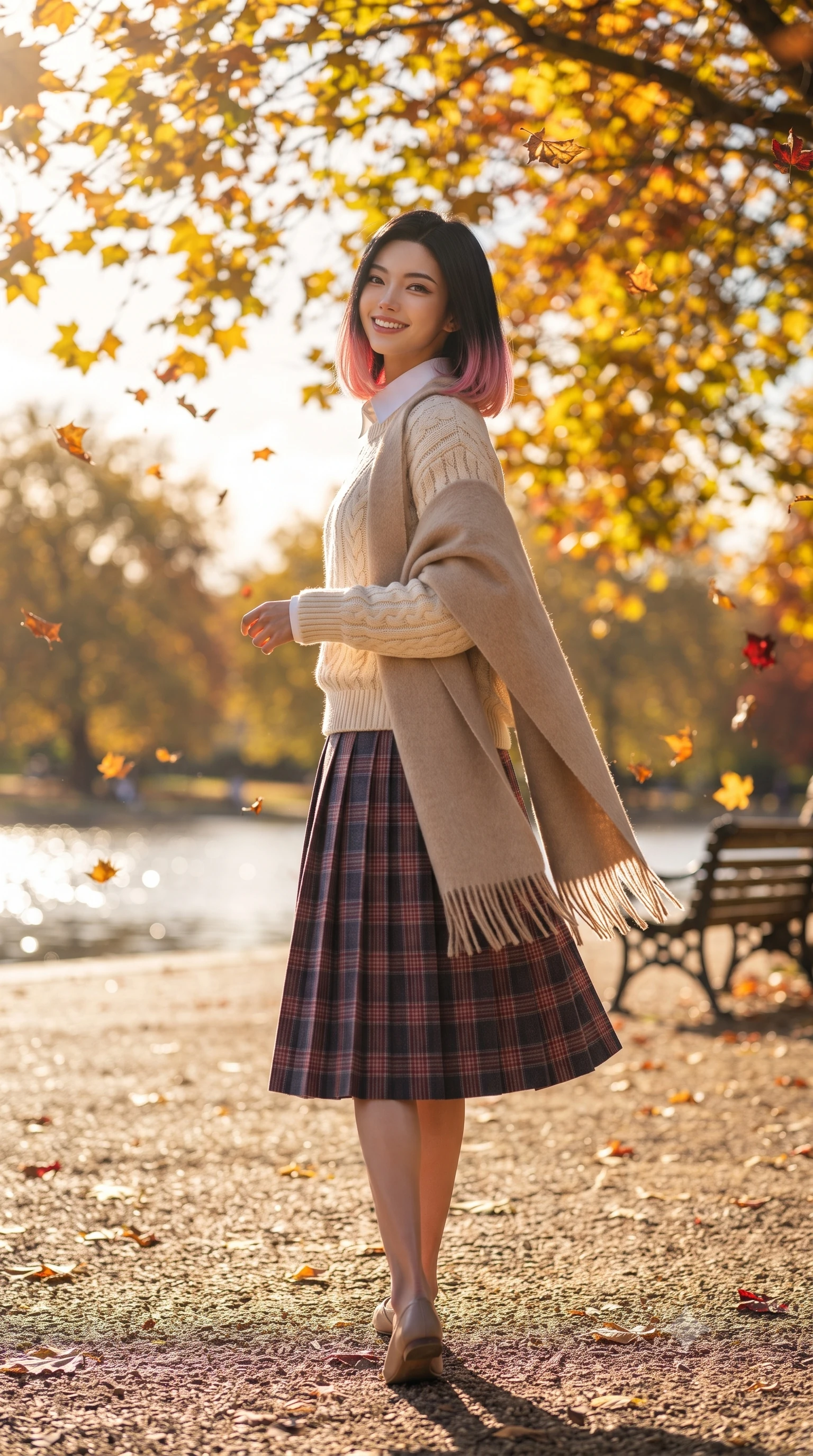 score_9, masterpiece, best quality, ultra-detailed, high-budget anime keyframe, editorial fashion photography, tasteful artistic composition, Korean woman. low angle full-body shot from head to toe showing her feet, filling the entire 9:16 vertical frame with her statuesque presence, stretching her vertical silhouette. pausing along the promenade and turning back toward the camera with an infectious, delightful smile and perfect posture while strolling along the tree-lined gravel promenade surrounded by falling amber plane tree leaves, looking back with a joyful, beaming smile. The background shows a soft-focus canopy of vibrant yellow, bronze, and crimson autumn leaves, glittering Serpentine lake surface, and historic park benches blurred into golden amber and sapphire bokeh. She has an exceptionally tall and slender model-like 8.5-heads proportion, an ultra-slim waist, a flat toned midriff, narrow delicate ribcage, and beautifully sculpted feminine hips creating a graceful, slim hourglass silhouette without any bulky heaviness, with impossibly long slender legs. sharp v-shaped jawline, high-bridge nose, intricate jewel-like sparkling eyes with depth, thick eyelashes, glossy parted lips with a natural peach sheen, bright cheerful beaming smile with an enchanting and coquettish sensual glint, exuding both youthful cute charm and seductive allure, flawlessly proportioned anatomical accuracy, strict slender model proportions, natural body alignment, perfectly sculpted long slender limbs, ultra-slim waistline, clean dynamic posture without body distortion. wearing an ivory cable-knit fisherman sweater paired with a pleated wool tartan midi skirt and a crisp collared poplin shirt in Swiss alpine snow white and oat cashmere, made of luxurious brushed wool flannel with rich textural depth and clean structure, accented with a wide brushed cashmere fringe scarf draped elegantly over one shoulder, the expertly draped wool fabric falling in crisp fluid lines along her tall 8.5-heads silhouette, celebrating her slender frame without excess fabric bulk. bathed in crisp low-angle late-afternoon autumn sunlight filtering through a shimmering golden leaf canopy. ultra-reflective glossy finish, specular highlights, rich textural contrasts, high-contrast stereoscopic depth, volumetric dynamic lighting, 2k, ultra detail, master piece, 9:16 ratio