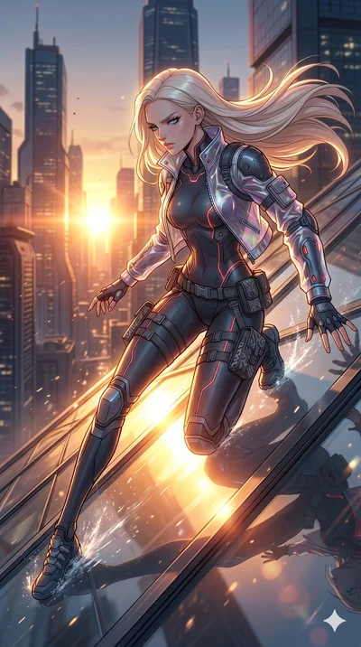 score_9, masterpiece, best quality, ultra-detailed, high-budget anime movie keyframe, cinematic anime lighting, intricate line art, Caucasian (strictly human ears) anime girl. Low angle cowboy shot capturing a powerful motion and statuesque presence.