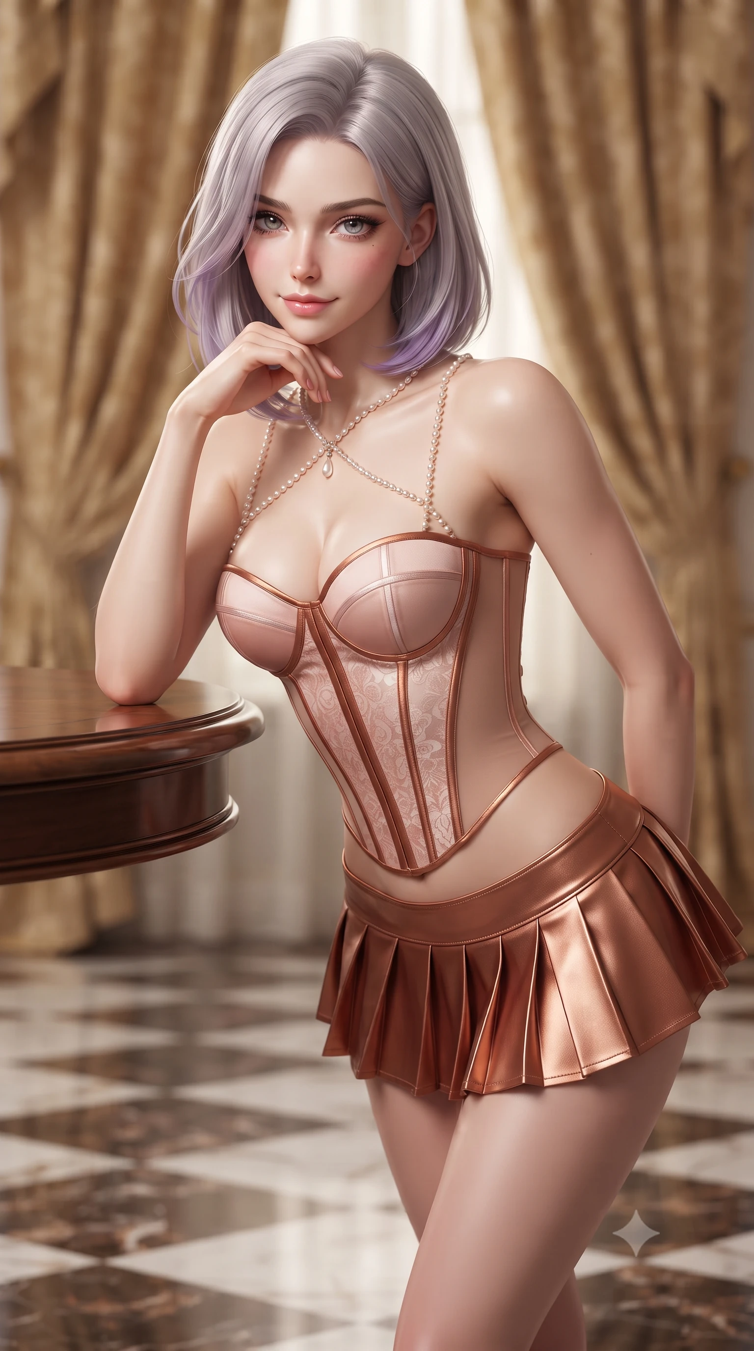 score_9, masterpiece, best quality, ultra-detailed, high-budget anime keyframe, editorial fashion photography, tasteful artistic composition, Caucasian woman. close-up cowboy shot from the waist and thighs up, the character dominates the composition, filling the frame with her large presence. resting one elbow on the table and supporting her chin, leaning close to the camera with heavy-lidded sparkling eyes and parted lips while twisting her slender torso in an alluring contrapposto stance on the polished checkerboard marble floor, golden chandelier facets caressing her narrow waist and curvy hips. The background shows a soft-focus flowing gold damask portiere curtains softened in Imperial Viennese palace shallow focus. She has an exceptionally elegant, slender, and willowy female figure with an ultra-slim waist, flat toned midriff, narrow ribcage, and sculpted feminine hips creating an alluring, slim hourglass silhouette without bulk. sharp v-shaped jawline, high-bridge nose, intricate jewel-like sparkling eyes with depth, thick eyelashes, glossy parted lips with a natural peach sheen, bright cheerful beaming smile with an enchanting and coquettish sensual glint, exuding both youthful cute charm and seductive allure, flawlessly proportioned anatomical accuracy, strict slender model proportions, natural body alignment, perfectly sculpted long slender limbs, ultra-slim waistline, clean dynamic posture without body distortion. wearing a structured boned corset top paired with an ultra-short low-rise pleated micro mini skirt in Grasse centifolia rose petal blush and burnished copper, featuring strategic sheer-illusion tulle side panels framing her ribcage and hips, accented with a pearl-drop body harness subtly framing her dewy collarbones and spine, the precision-cut side openings and low-back scoop framing her graceful spine and the sensual sweep of her slim, toned hips. illuminated by marble floor reflection bounce and sharp champagne-gold rim lights sculpting her razor-sharp jawline, narrow waist, and curvy hips. ultra-reflective glossy finish, specular highlights, rich textural contrasts, high-contrast stereoscopic depth, volumetric dynamic lighting, 2k, ultra detail, master piece, 9:16 ratio
