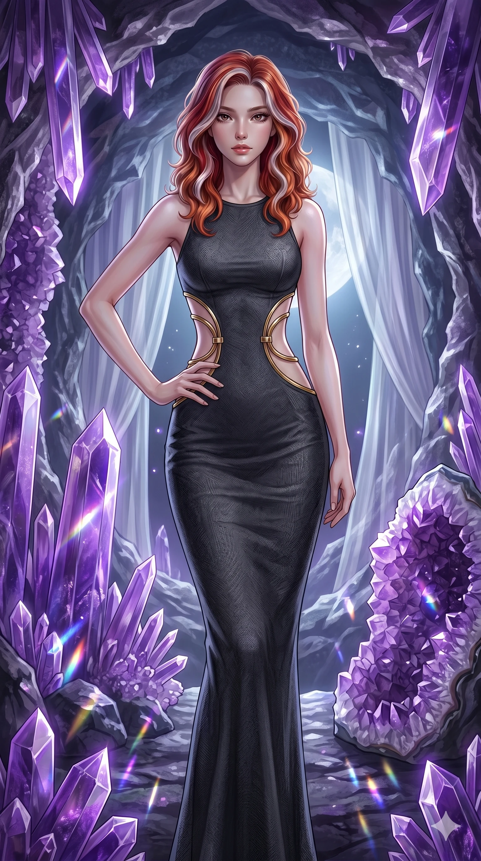 score_9, masterpiece, best quality, ultra-detailed, high-budget anime keyframe, editorial fashion photography, tasteful artistic composition, Caucasian woman, strictly human ears. cowboy shot from the thighs up, character and outfit filling the frame for maximum editorial presence. Holding a confident power pose with one hand on her hip inside a crystalline geode cavern lined with towering amethyst spires casting violet prismatic light. She has an absolutely perfect 8-heads proportion, an exceptionally tall and slender female figure with impossibly long slender legs and an ultra-slim waist. V-shaped jawline, high-bridge nose, intricate jewel-like eyes with depth, thick eyelashes, glossy lips with a natural sheen. wearing a dark charcoal fitted floor-length gown with dramatic curved architectural cutouts at the sides of the torso framed by gold ring hardware, emphasizing the ultra-slim waist. bathed in cold silver moonlight filtered through translucent gossamer curtains casting soft shadows on her curves. 2k, ultra detail, master piece, 9:16 ratio