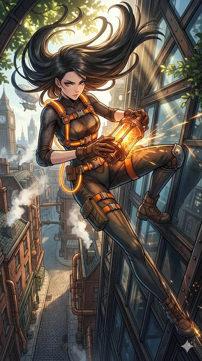 score_9, masterpiece, best quality, ultra-detailed, Set A: High-budget Anime Keyframe, Japanese woman. Low angle cowboy shot filling the entire 9:16 frame with her statuesque presence. Theme: Primal Nature. sliding down a glass skyscraper in a steamp