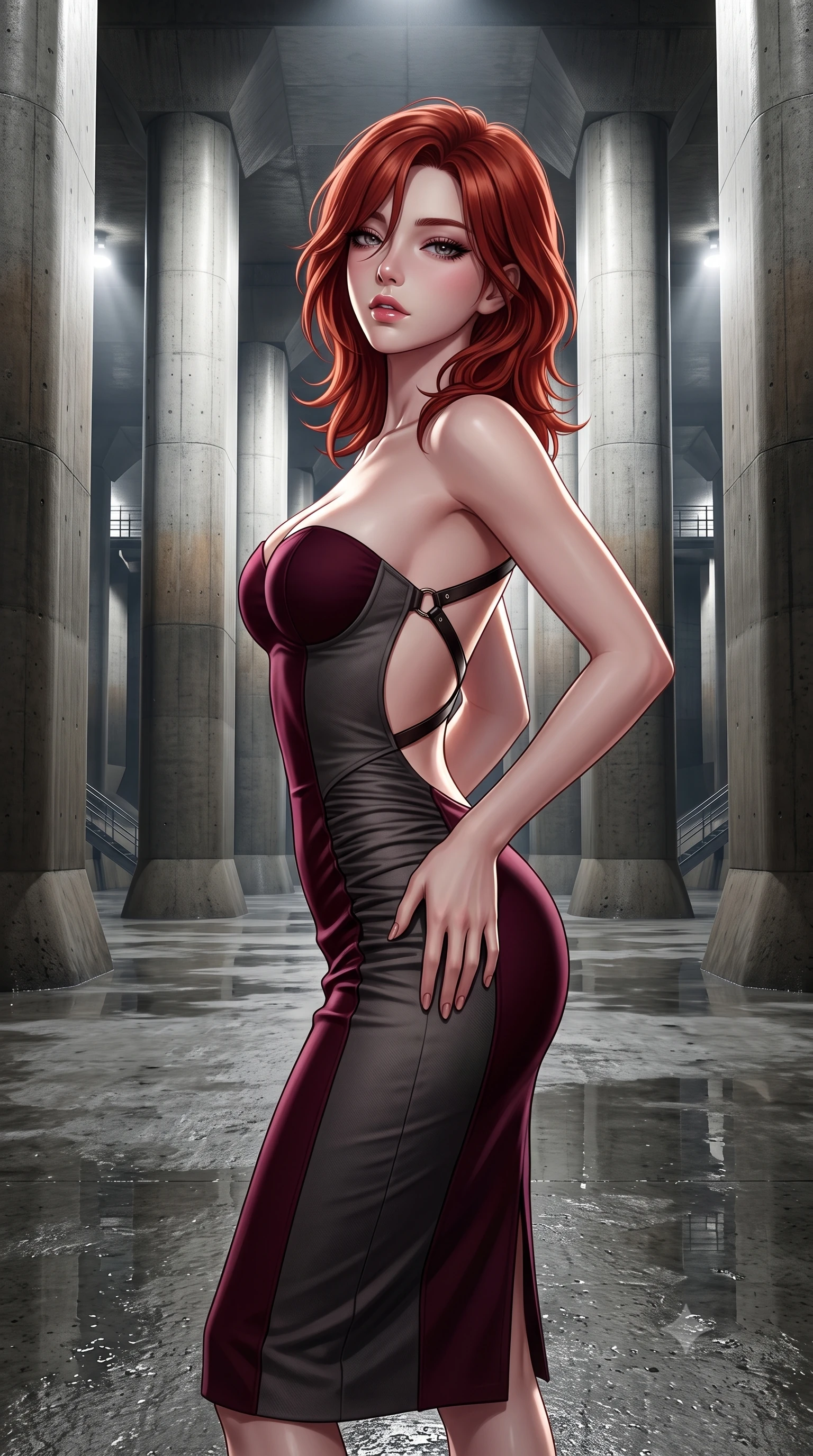 score_9, masterpiece, best quality, ultra-detailed, high-budget anime keyframe, semi-realistic 3D game render, editorial fashion photography, tasteful artistic composition, Korean woman. close-up cowboy shot from the waist and thighs up, the character dominates the composition, filling the frame with her large presence. arching her spine backward with effortless dancer poise, one hand sliding along her hip line as directional light carves specular highlights along her silhouette while standing on the vast wet concrete floor between monumental 20-meter high pillars resembling a subterranean temple, arching her back with high-fashion sovereign poise. The surrounding environment is rendered in vivid detail and crisp panoramic clarity. sharp raw concrete formwork seams, water puddle surface caustics, and distant service stairway railings in deep focus. She has an exceptionally elegant, slender, and willowy female figure with an ultra-slim waist, flat toned midriff, narrow ribcage, and sculpted feminine hips creating an alluring, slim hourglass silhouette without bulk. sharp v-shaped jawline, high-bridge nose, intricate jewel-like eyes with depth, thick eyelashes, glossy parted lips with a natural sheen, intensely captivating and seductive bedroom-eyes expression, flawlessly proportioned anatomical accuracy, strict slender model proportions, natural body alignment, perfectly sculpted long slender limbs, ultra-slim waistline, clean dynamic posture without body distortion. wearing an ultra-fitted strapless bustier midi dress with side hip ruching and exposed spine in deep wine burgundy and brushed dark platinum, tailored from water-resistant treated wool gabardine and flexible stretch silk, featuring an open-back criss-cross harness strap in dark leather, the precision-cut side openings and low-back scoop framing her graceful spine and the sensual sweep of her slim, toned hips. bathed in dramatic architectural floodlights beaming down between giant pillars creating high-contrast chiaroscuro. highly saturated vibrant anime colors, detailed shading with soft gradients, rich glossy textures, high-contrast stereoscopic depth, volumetric dynamic lighting, master piece, 9:16 ratio
