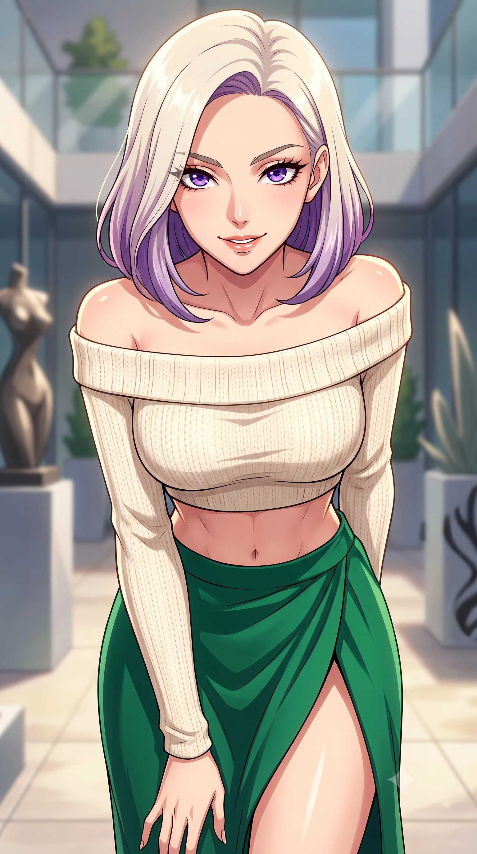 score_9, masterpiece, best quality, ultra-detailed, high-budget anime keyframe, tasteful artistic composition, Caucasian woman. close-up cowboy shot from the waist and thighs up, the character dominates the composition, filling the frame with her large presence, background elements kept in soft focus. leaning slightly forward with a playful, teasing smile, her gaze locked onto the viewer the background shows a soft-focus a secluded courtyard terrace of an art gallery, surrounded by modern sculptures. She has an exceptionally elegant, slender, and willowy female figure with an ultra-slim waist, a gracefully sculpted slender torso, and a refined silhouette. sharp v-shaped jawline, high-bridge nose, intricate jewel-like eyes with depth, thick eyelashes, glossy lips with a natural sheen. wearing a body-hugging cropped off-shoulder knit top in cream paired with a high-slit wrap skirt in emerald green. soft spotlighting highlighting the textures of her designer outfit. highly saturated vibrant anime colors, cel-shading, 2d style, master piece, 9:16 ratio
