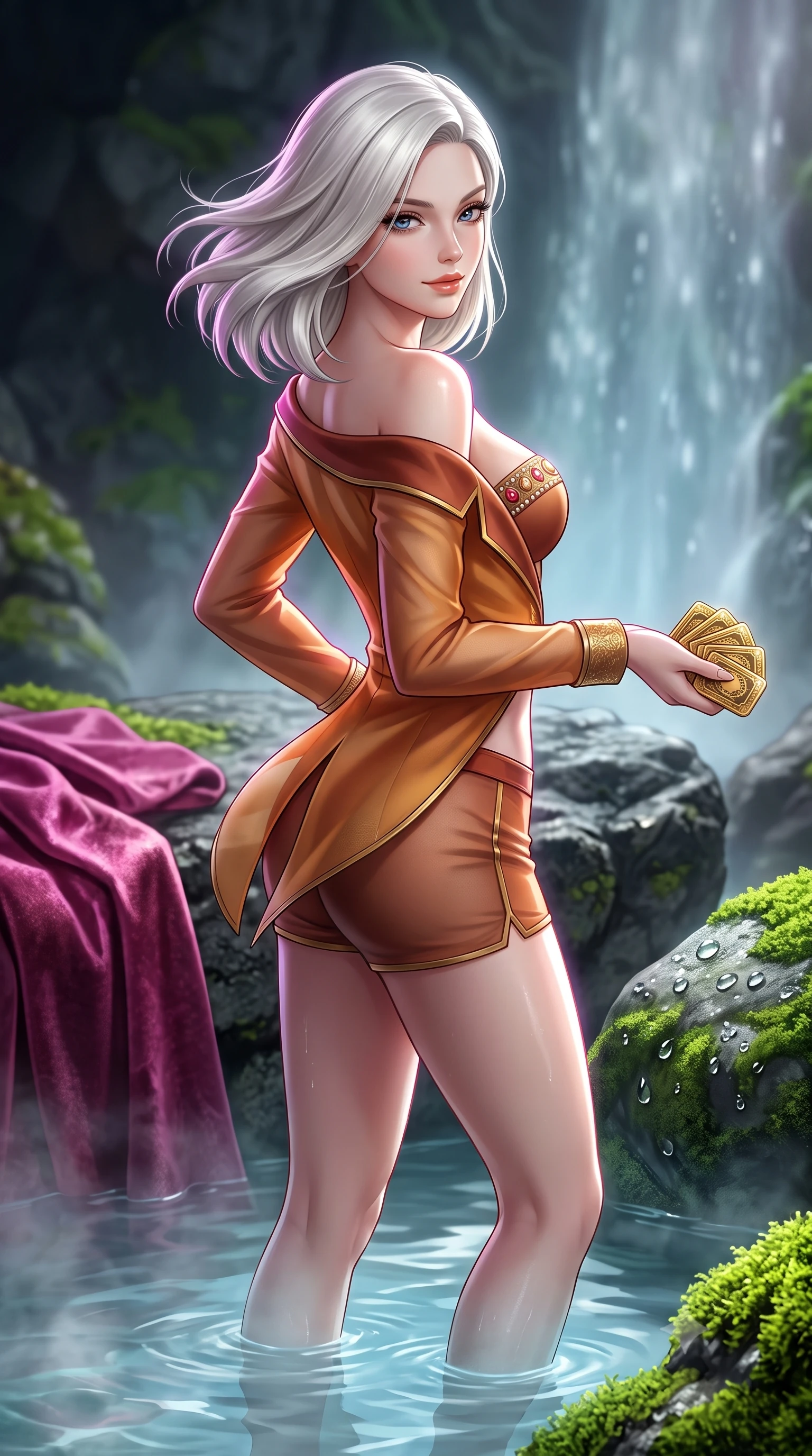 score_9, masterpiece, best quality, ultra-detailed, high-budget anime keyframe, semi-realistic 3D game render, editorial fashion photography, tasteful artistic composition, Caucasian woman. close-up cowboy shot from the waist and thighs up, the character dominates the composition, filling the frame with her large presence. turning slowly with an enchanting smoldering smile, her glossy hair tossing in the breeze as her hips angle gracefully in a captivating contrapposto while standing in the shallow mist pool with water lapping at her calves, hips cocked back, looking over a bare shoulder with an alluring bedroom-smile. The surrounding environment is rendered in vivid detail and crisp panoramic clarity: sharp orchid petal velvet texture, water droplet splash beads, and green moss on volcanic stone in deep focus. She has an exceptionally elegant, slender, and willowy female figure with an ultra-slim waist, flat toned midriff, narrow ribcage, and sculpted feminine hips creating an alluring, slim hourglass silhouette without bulk. sharp v-shaped jawline, high-bridge nose, sparkling eyes with hypnotic seductive depth, thick curled eyelashes, glossy parted lips with a natural dewy peach sheen, alluring bedroom-eyes with an enchanting coquettish smile, exuding magnetic siren charisma and sophisticated glamour, flawlessly proportioned anatomical accuracy, strict slender model proportions, natural body alignment, perfectly sculpted long slender limbs, ultra-slim waistline, clean dynamic posture without body distortion. wearing a tailored open-front smoking jacket worn over a jewel-embellished bandeau top and micro-shorts in warm amber honey and antique terracotta with gilded bronze, made of semi-opaque stretch illusion mesh with soft shadowy contours, accented with a stack of engraved gold casino plaques held loosely in one hand, the glove-like clinging cut tightly following the natural contour of her hips and long slender legs with youthful 8.5-heads elegance. illuminated by waterfall spray reflection fill and sharp platinum-magenta rim lights defining her delicate clavicles, narrow waist, and curvy hips. highly saturated vibrant anime colors, detailed shading with soft gradients, rich glossy textures, high-contrast stereoscopic depth, volumetric dynamic lighting, master piece, 9:16 ratio
