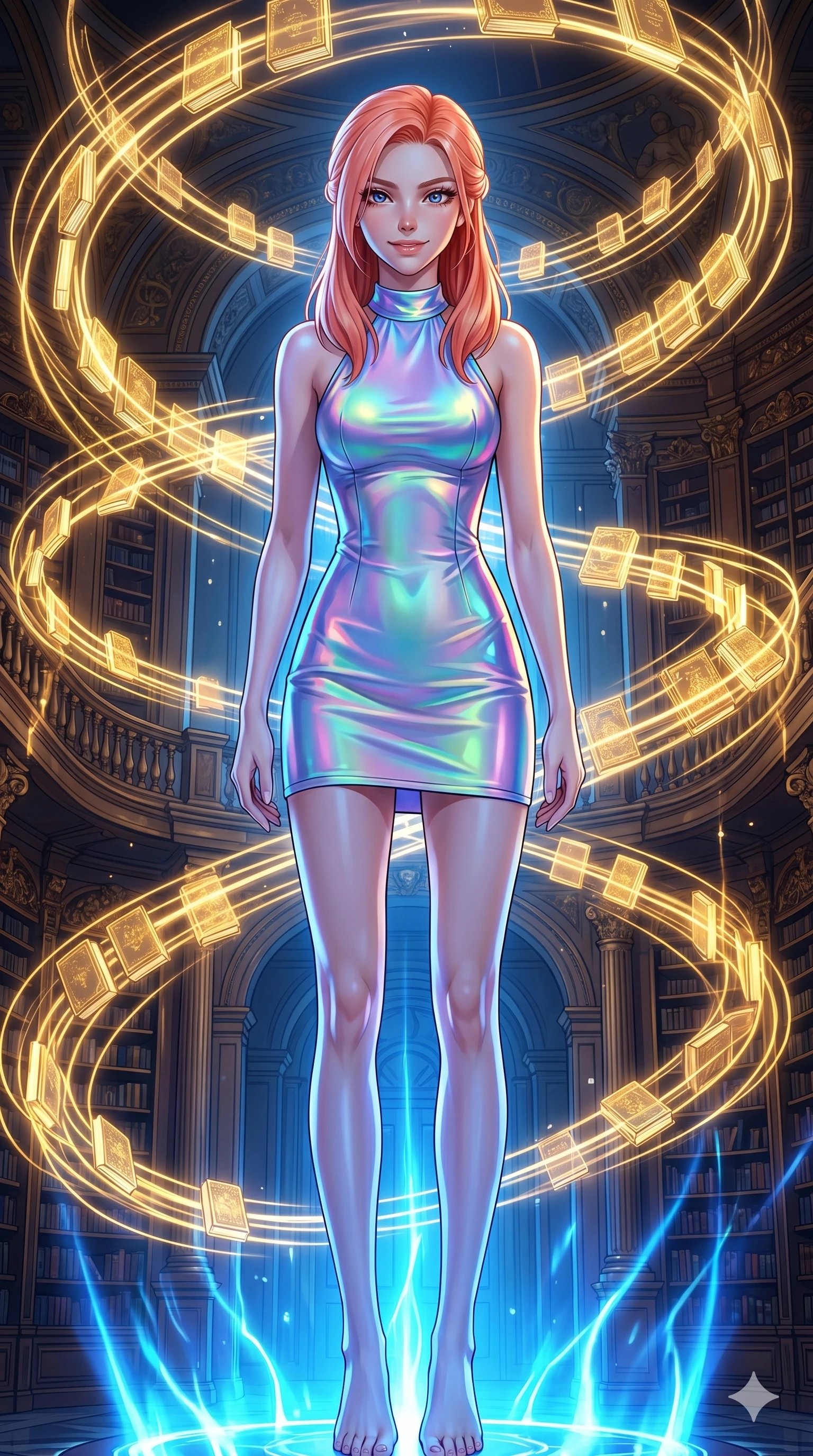 score_9, masterpiece, best quality, ultra-detailed, high-budget anime keyframe, editorial fashion photography, tasteful artistic composition, Japanese woman. cowboy shot from the thighs up, character and outfit filling the frame for maximum editorial presence. Smiling with quiet, magnetic self-assurance directly into the camera amidst a baroque library where glowing golden books orbit in slow spiral patterns. She has an absolutely perfect 8-heads proportion, an exceptionally tall and slender female figure with impossibly long slender legs and an ultra-slim waist. V-shaped jawline, high-bridge nose, intricate jewel-like eyes with depth, thick eyelashes, glossy lips with a natural sheen. wearing an iridescent color-shifting halter-neck mini dress with a structured open-back, a precision-fitted form-contouring body and an elevated hemline at the upper thigh. highlighted by pulsing electric blue plasma arc lighting from below, casting dramatic upward shadows. 2k, ultra detail, master piece, 9:16 ratio