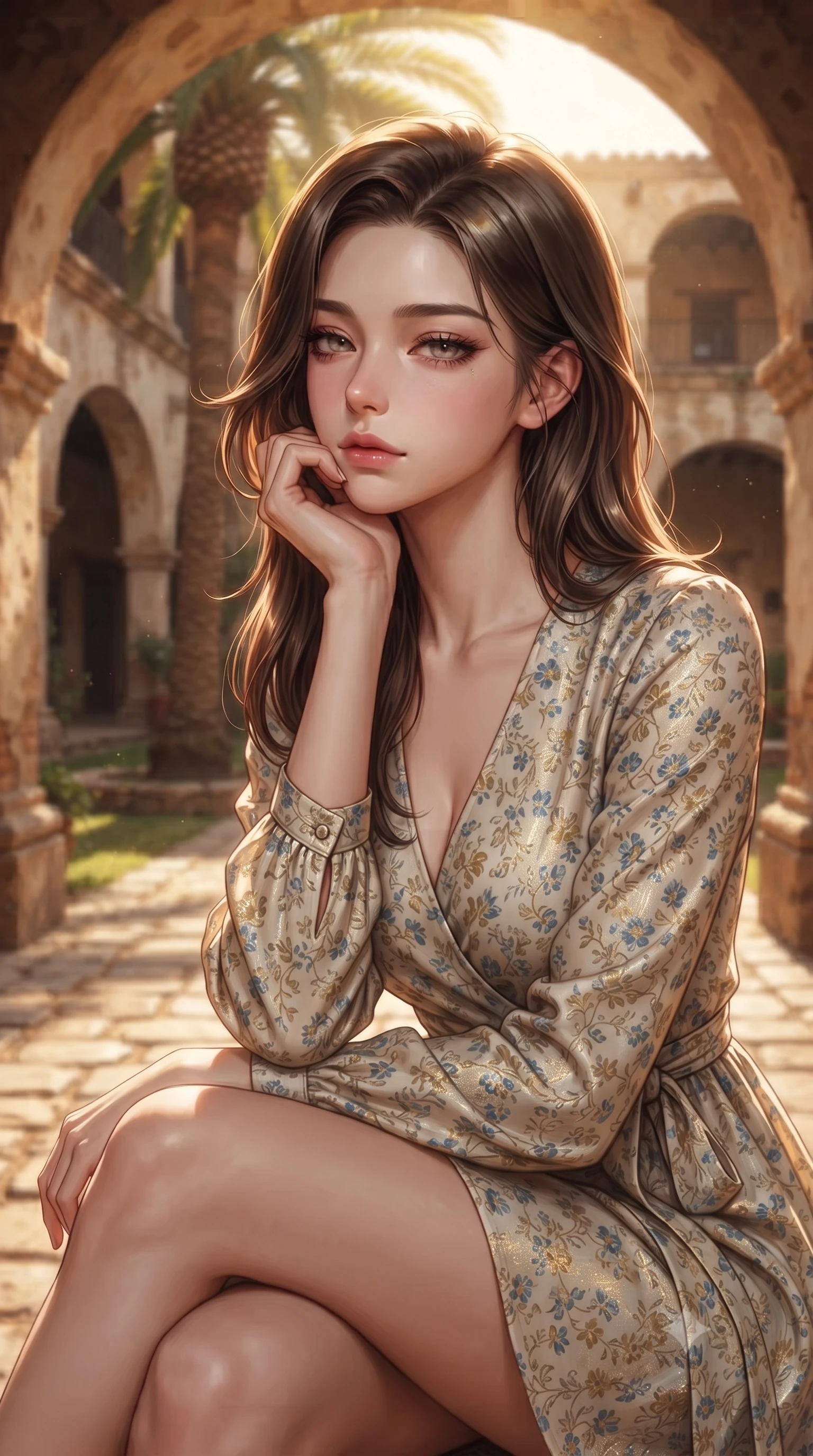 score_9, masterpiece, best quality, ultra-detailed, high-budget anime keyframe, editorial fashion photography, tasteful artistic composition, Korean woman woman. close-up cowboy shot from the waist and thighs up, the character dominates the composition, filling the frame with her large presence, background elements kept in soft focus. resting her chin on the backs of her fingers, casting a heavy-lidded, sultry look past the camera the background shows a soft-focus a courtyard of an old Spanish hacienda with a large arched corridor and central palm tree. She has an exceptionally elegant, slender, and willowy female figure with an ultra-slim waist, a gracefully sculpted slender torso, and a refined silhouette. sharp v-shaped jawline, high-bridge nose, intricate jewel-like eyes with depth, thick eyelashes, glossy lips with a natural sheen. wearing a tailored flowy floral-patterned wrap dress with long sleeves and a modest V-neck. warm afternoon sunbeams creating a peaceful, historical atmosphere. ultra-reflective glossy finish, specular highlights, metallic sheen, high-contrast stereoscopic depth, volumetric dynamic lighting, 2k, ultra detail, master piece, 9:16 ratio