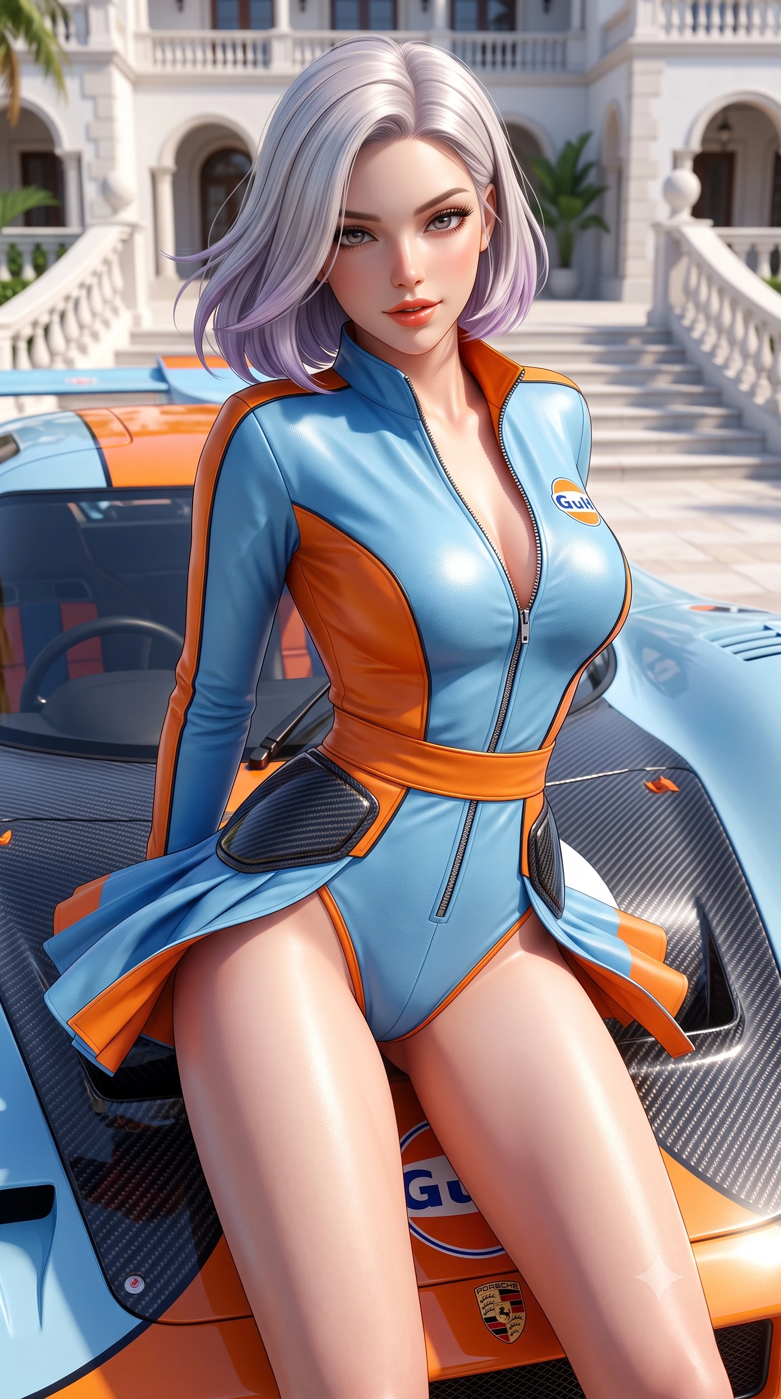 score_9, masterpiece, best quality, ultra-detailed, high-budget anime keyframe, semi-realistic 3D game render, editorial fashion photography, tasteful artistic composition, Caucasian woman. close-up cowboy shot from the waist and thighs up, the character dominates the composition, filling the frame with her large presence. leaning forward over the carbon car hood while arching her lower back to accentuate her curvy hips, looking into the camera with a confident smoldering smile and bedroom-eyes while twisting her slender torso in an alluring contrapposto stance, Florida ocean breezes fluttering her pleated tennis skirt around her curvy hips. The surrounding environment is rendered in vivid detail and crisp panoramic clarity: detailed resort polo knit texture, glowing sun-tanned skin highlights, and Palm Beach estate architecture in high resolution. She has an exceptionally elegant, slender, and willowy female figure with an ultra-slim waist, flat toned midriff, narrow ribcage, and sculpted feminine hips creating an alluring, slim hourglass silhouette without bulk. sharp v-shaped jawline, high-bridge nose, sparkling eyes with athletic focus and depth, thick curled eyelashes, glossy parted lips with a natural coral-peach sheen, bright confident and coquettish smile with alluring bedroom-eyes, exuding both youthful sporty vigor and sovereign high-society glamour, flawlessly proportioned anatomical accuracy, strict slender model proportions, natural body alignment, perfectly sculpted long slender limbs, ultra-slim waistline, clean dynamic posture without body distortion. wearing a modern paddock jumpsuit with zip-down front collar and high-cut leg openings in sleek stretch jersey in vintage Porsche Gulf blue and vibrant race orange, crafted from supple buttery lambskin racing leather with a satin sheen, accented with sleek aerodynamic carbon-fiber hip pads framing her narrow waist, the high-waisted wrap tailoring accentuating her ultra-slim waistline and the enchanting curve of her feminine hips with alluring sporty charm. bathed in luminous Florida sunshine reflecting off white coral stone terraces. highly saturated vibrant anime colors, detailed shading with soft gradients, rich glossy textures, high-contrast stereoscopic depth, volumetric dynamic lighting, master piece, 9:16 ratio