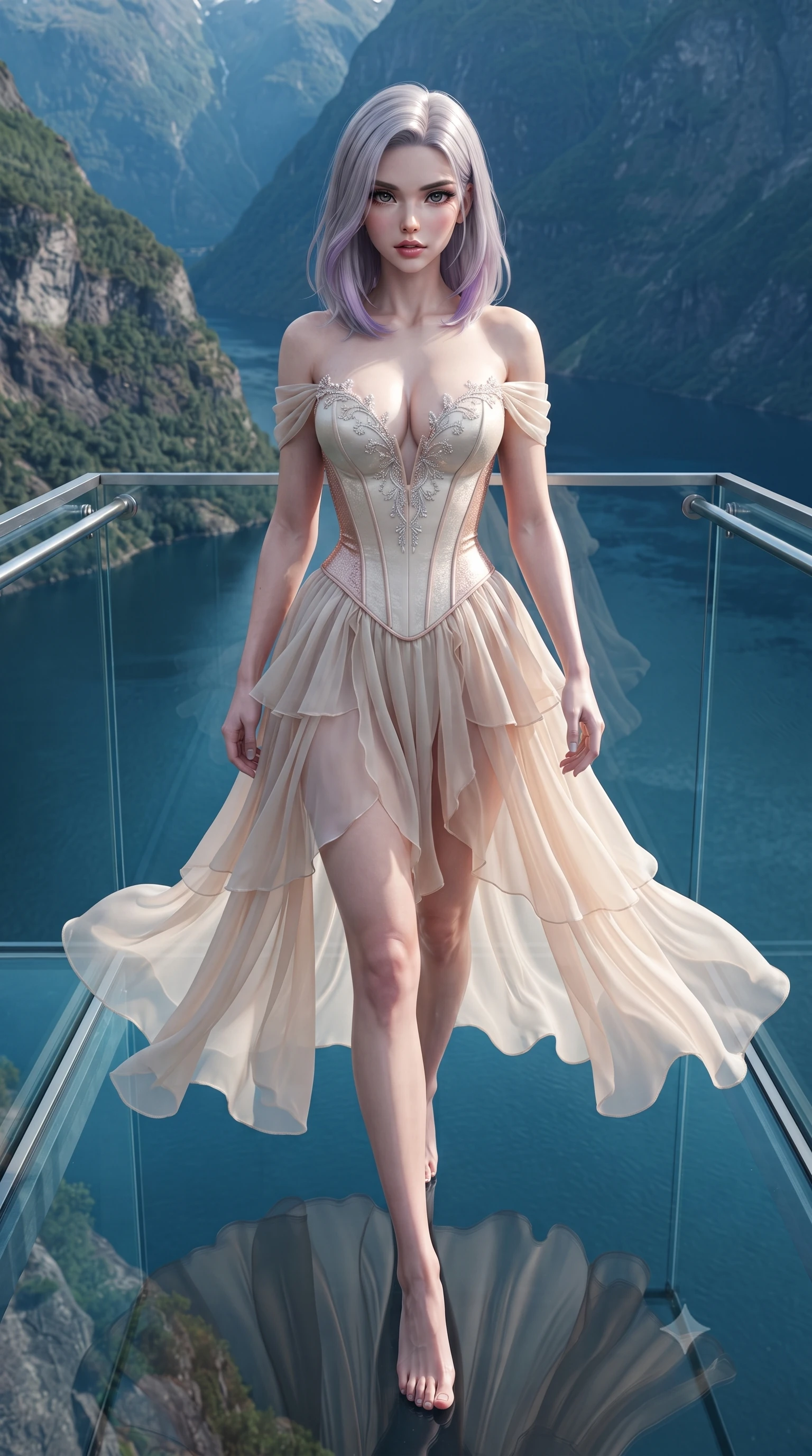 score_9, masterpiece, best quality, ultra-detailed, high-budget anime keyframe, semi-realistic 3D game render, editorial fashion photography, tasteful artistic composition, Caucasian woman. low angle full-body shot from head to toe showing her feet, filling the entire 9:16 vertical frame with her statuesque presence, stretching her vertical silhouette. striding forward in a proud supermodel runway stride, hips swaying in an alluring kinetic rhythm that accentuates her curvy hourglass silhouette while standing poised on the cantilevered glass viewing platform suspended 1,000 meters above the deep blue fjord, arching her back with fearless supermodel grace. The surrounding environment is rendered in vivid detail and crisp panoramic clarity. sharp glass platform edge joints, mountain cliff rock texture, and fjord water ripple clarity in deep focus. She has an exceptionally tall and slender model-like 8.5-heads proportion, an ultra-slim waist, a flat toned midriff, narrow delicate ribcage, and beautifully sculpted feminine hips creating a graceful, slim hourglass silhouette without any bulky heaviness, with impossibly long slender legs. sharp v-shaped jawline, high-bridge nose, intricate jewel-like eyes with depth, thick eyelashes, glossy parted lips with a natural sheen, intensely captivating and seductive bedroom-eyes expression, flawlessly proportioned anatomical accuracy, strict slender model proportions, natural body alignment, perfectly sculpted long slender limbs, ultra-slim waistline, clean dynamic posture without body distortion. wearing an off-shoulder French court corset bodice dress paired with a tiered translucent chiffon slit skirt in vintage champagne ivory and delicate rose gold, woven from layered gossamer chiffon with a weightless sweeping drape, finished with delicate crystal frost embroidery tracing the plunging neckline, the precision-cut side openings and low-back scoop framing her graceful spine and the sensual sweep of her slim, toned hips. illuminated by crisp northern fjord ambient light contouring her razor-sharp jawline, narrow waist, and curvy hips. highly saturated vibrant anime colors, detailed shading with soft gradients, rich glossy textures, high-contrast stereoscopic depth, volumetric dynamic lighting, master piece, 9:16 ratio