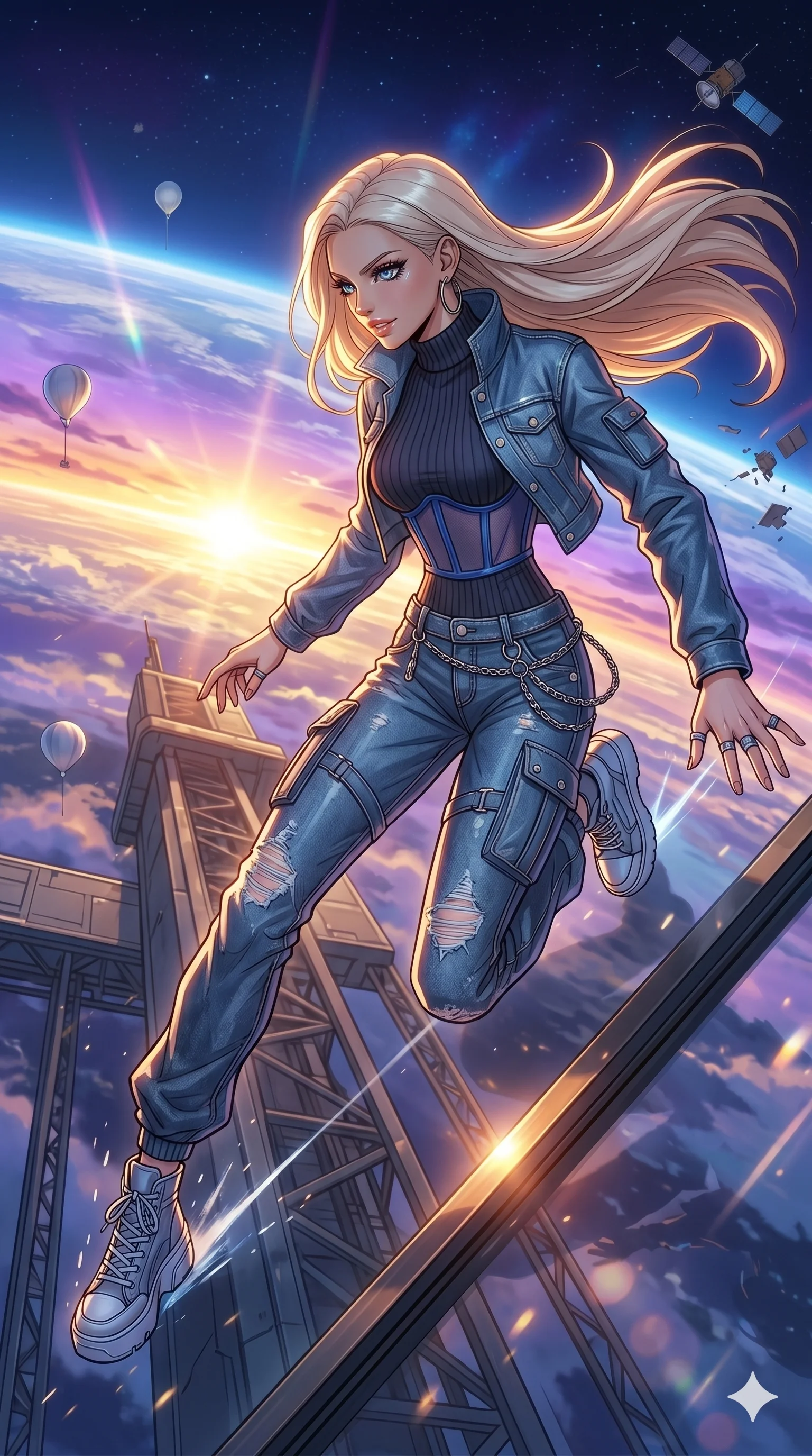 score_9, masterpiece, best quality, ultra-detailed, high-budget anime movie keyframe, cinematic anime lighting, intricate line art, Korean woman. Mid-air action shot capturing a graceful twist and vertical silhouette. leaping from a space elevator into the upper atmosphere. She has an absolutely perfect 8-heads proportion, an exceptionally tall and slender female figure with an ultra-slim waist and impossibly long slender legs. strictly human anatomy, two legs only, no extra limbs, clearly defined legs and arms, perfect anatomy, perfect hands and fingers. sharp v-shaped jawline, high-bridge nose, intricate jewel-like eyes, thick eyelashes, glossy lips. Wearing Urban Trendsetter: Ribbed bodycon dress, crop top with high-waist denim, and sheer corset with cargo pants. The scene is illuminated by dramatic atmospheric lighting and vibrant color palettes. , 2k, ultra detail, master piece, 9:16 ratio