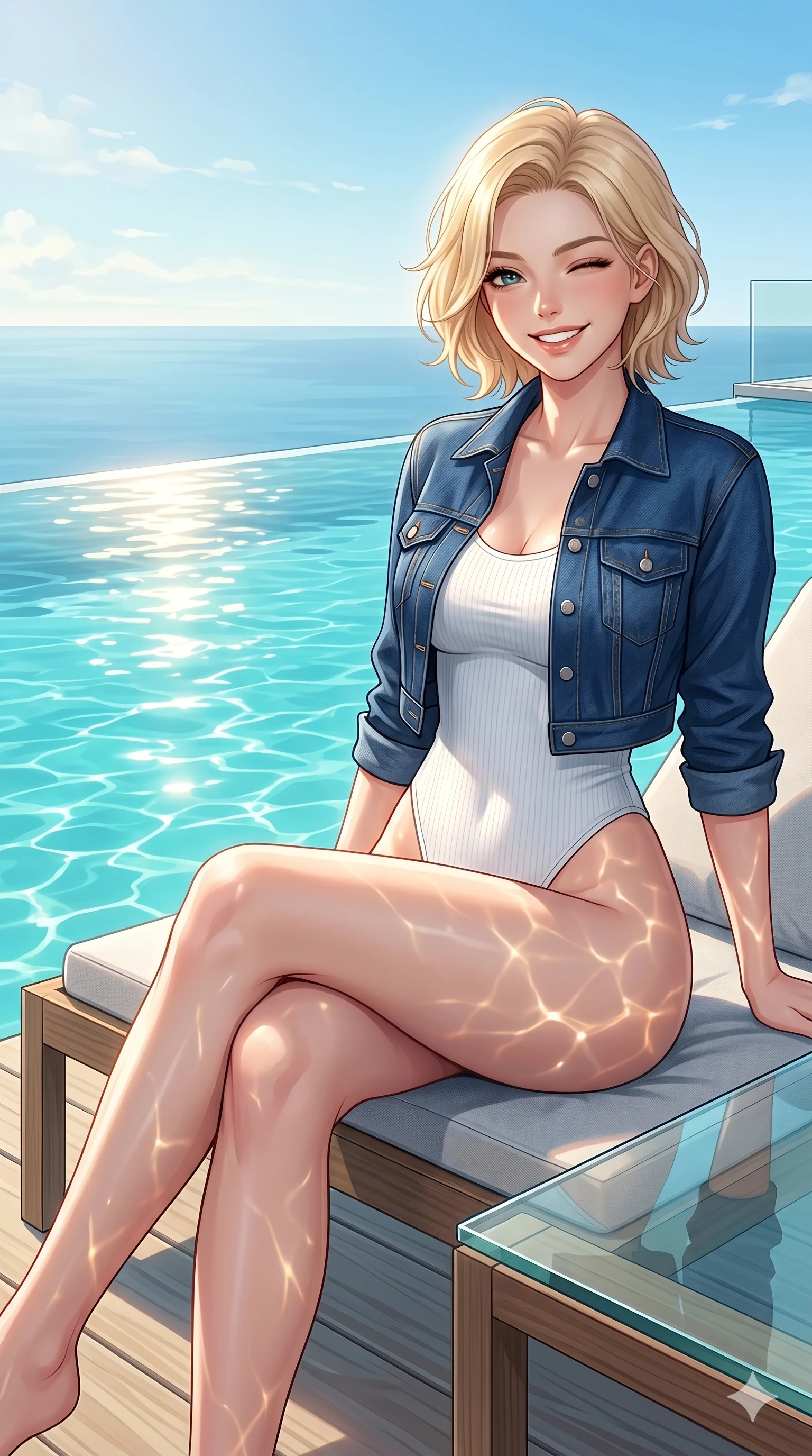 score_9, masterpiece, best quality, ultra-detailed, high-budget anime keyframe, vibrant anime aesthetic, Caucasian woman, strictly human ears. cowboy shot from the thighs up, character and outfit filling the frame for maximum presence. She is sitting by a glass table, winking and smiling cheerfully at the camera by a modern infinity pool overlooking a clear sky (Code-P20-086). She has an absolutely perfect 8-heads proportion, an exceptionally tall and slender female figure with impossibly long slender legs and an ultra-slim waist. V-shaped jawline, high-bridge nose, intricate jewel-like eyes with depth, thick eyelashes, glossy lips with a natural sheen. wearing a high-cut leg bodysuit under a cropped jacket with exposed waist. She is drenched in bright, warm sunbeams reflecting off the pool water, casting dancing highlights. 2k, ultra detail, master piece, 9:16 ratio