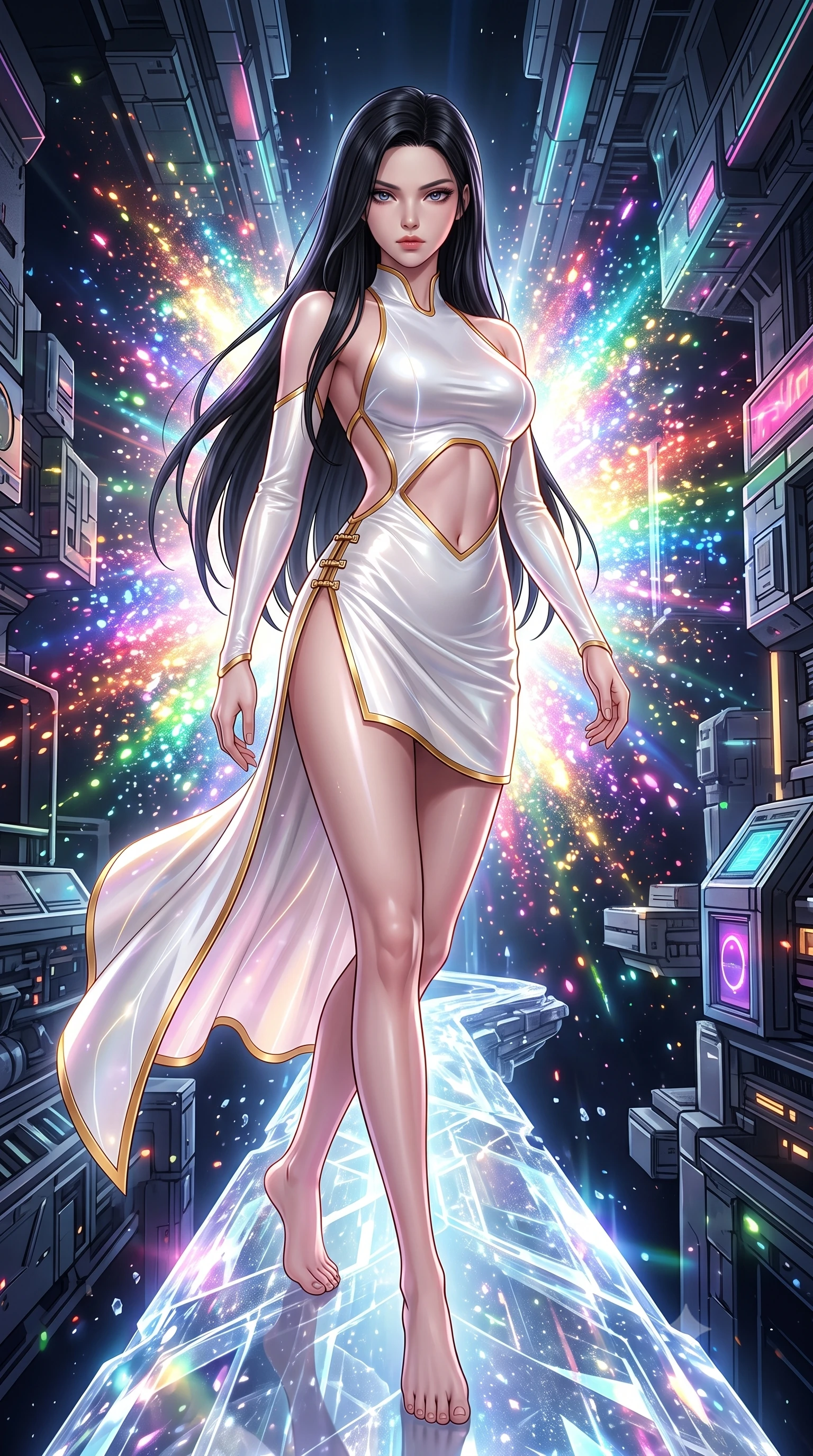 score_9, masterpiece, best quality, ultra-detailed, high-budget anime keyframe, semi-realistic 3D game render, editorial fashion photography, tasteful artistic composition, Korean woman. low angle full-body shot from head to toe showing her feet, filling the entire 9:16 vertical frame with her statuesque presence, stretching her vertical silhouette. striding forward with commanding supermodel grace, her 8.5-heads statuesque silhouette dominating the vertical frame from head to toe while drifting gracefully along a crystalline energy conduit as bursts of rainbow subatomic particles illuminate her contour. The surrounding environment is rendered in vivid detail and crisp panoramic clarity. transcendent chiaroscuro contrast between blinding particle light and deep space architecture in precision. She has an absolutely perfect, statuesque 8.5-heads proportion, an exceptionally tall and slender model-like female figure with impossibly long slender legs, a toned flat midriff, and an ultra-slim waist. sharp v-shaped jawline, high-bridge nose, intricate jewel-like eyes with depth, thick eyelashes, glossy lips with a natural sheen, flawlessly proportioned anatomical accuracy, strict slender model proportions, natural body alignment, perfectly sculpted long slender limbs, ultra-slim waistline, clean dynamic posture without body distortion. wearing a high-gloss lacquer cyber-couture mini dress with an open-back architectural cut and subtle glowing micro-filaments in pristine liquid pearl white and radiant solar gold trim, made of liquid jersey fabric that clings flawlessly to every contour of her build, finished with an ultra-high side slit secured by miniature magnetic clasps, the precision-cut daring openings accentuating her delicate midriff, graceful bare collarbones, and ultra-slim feminine waistline. surrounded by an awe-inspiring, divine, and radiantly transcendent machine-muse sovereignty aura. rich saturated anime colors with glowing neon highlights, detailed shading with soft gradients, rich glossy textures, high-contrast stereoscopic depth, volumetric dynamic lighting, master piece, 9:16 ratio
