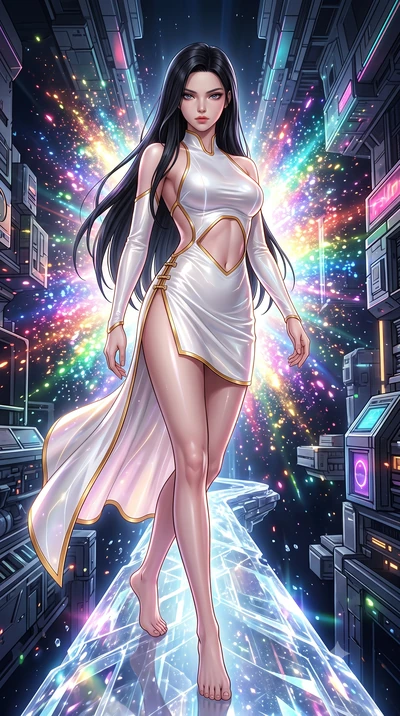 score_9, masterpiece, best quality, ultra-detailed, high-budget anime keyframe, semi-realistic 3D game render, editorial fashion photography, tasteful artistic composition, Korean woman. low angle full-body shot from head to toe showing her feet, fil