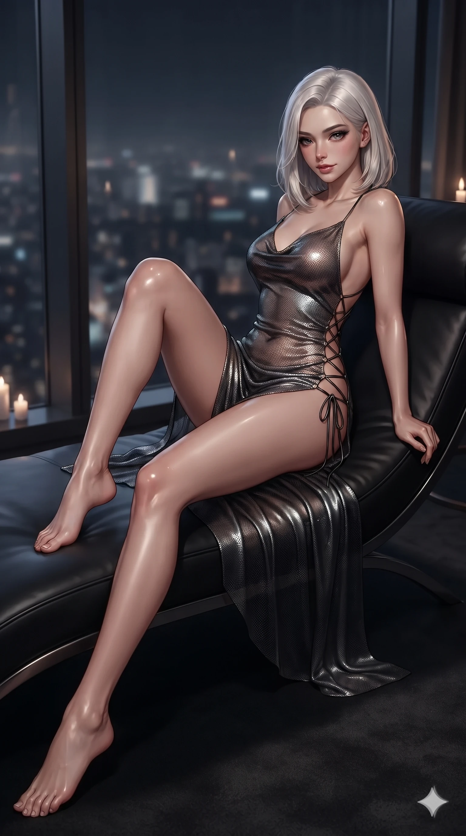 score_9, masterpiece, best quality, ultra-detailed, high-budget anime keyframe, editorial fashion photography, tasteful artistic composition, Korean woman. low angle full-body shot from head to toe showing her feet, filling the entire 9:16 vertical frame with her statuesque presence, stretching her vertical silhouette. stepping slowly toward the camera with hypnotic grace, hips swaying in an alluring sensual rhythm that accentuates her curvy hourglass silhouette and long slender legs while reclining on the sleek curved leather lounge beside the panoramic window, one knee drawn up to showcase her slender leg line. The background shows a soft-focus sky-high observation lounge softened in metropolitan panorama shallow focus. She has an exceptionally tall and slender model-like 8.5-heads proportion, an ultra-slim waist, a flat toned midriff, narrow delicate ribcage, and beautifully sculpted feminine hips creating a graceful, slim hourglass silhouette without any bulky heaviness, with impossibly long slender legs. sharp v-shaped jawline, high-bridge nose, intricate jewel-like dark sparkling eyes with dangerous depth, thick curled eyelashes, glossy parted lips with a rich wine sheen, smoldering seductive half-smile with bedroom-eyes, exuding effortless superiority and intoxicating dark allure, flawlessly proportioned anatomical accuracy, strict slender model proportions, natural body alignment, perfectly sculpted long slender limbs, ultra-slim waistline, clean dynamic posture without body distortion. wearing a form-contouring gossamer silk chiffon slip dress with a hip-high slit and open cowl back clinging with rain-dew in metallic liquid silver and pitch black, made of delicate semi-sheer nanotech mesh with airy hexagonal open-weaves, featuring fine criss-cross lace-up side ties revealing tantalizing glimpses of her hip curve, the glove-like silhouette tightly following the natural contour of her hips and long slender legs with youthful 8.5-heads elegance. bathed in the romantic, dim ambient lounge lighting punctuated by subtle cocktail table candlelight. ultra-reflective glossy finish, specular highlights, rich textural contrasts, high-contrast stereoscopic depth, volumetric dynamic lighting, 2k, ultra detail, master piece, 9:16 ratio