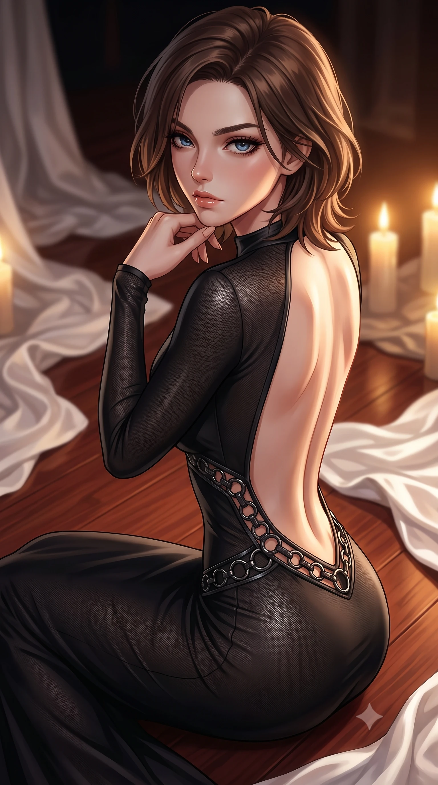score_9, masterpiece, best quality, ultra-detailed, high-budget anime keyframe, editorial fashion photography, tasteful artistic composition, Korean woman. close-up cowboy shot from the waist and thighs up, the character dominates the composition, filling the frame with her large presence, background elements kept in soft focus. Resting her chin on the backs of her fingers with an air of effortless superiority, poised on a polished mahogany floor surrounded by trailing white silk sheets, dramatic open-back outfit revealing her graceful shoulder blades and spine. She has an exceptionally elegant, slender, and willowy female figure with an ultra-slim waist, a gracefully sculpted slender torso, and a refined silhouette. sharp v-shaped jawline, high-bridge nose, intricate jewel-like eyes with depth, thick eyelashes, glossy lips with a natural sheen. wearing fitted liquid mercury jersey maxi dress hugging every curve in pitch-black onyx, made of fine dark contouring mesh, trimmed with dark chrome ring hardware along the waist contours, contouring every curve with an exceptionally elegant silhouette. illuminated by warm golden candle rays and high-contrast dark velvet shadows. highly saturated vibrant anime colors, detailed shading with soft gradients, rich glossy textures, high-contrast stereoscopic depth, volumetric dynamic lighting, master piece, 9:16 ratio