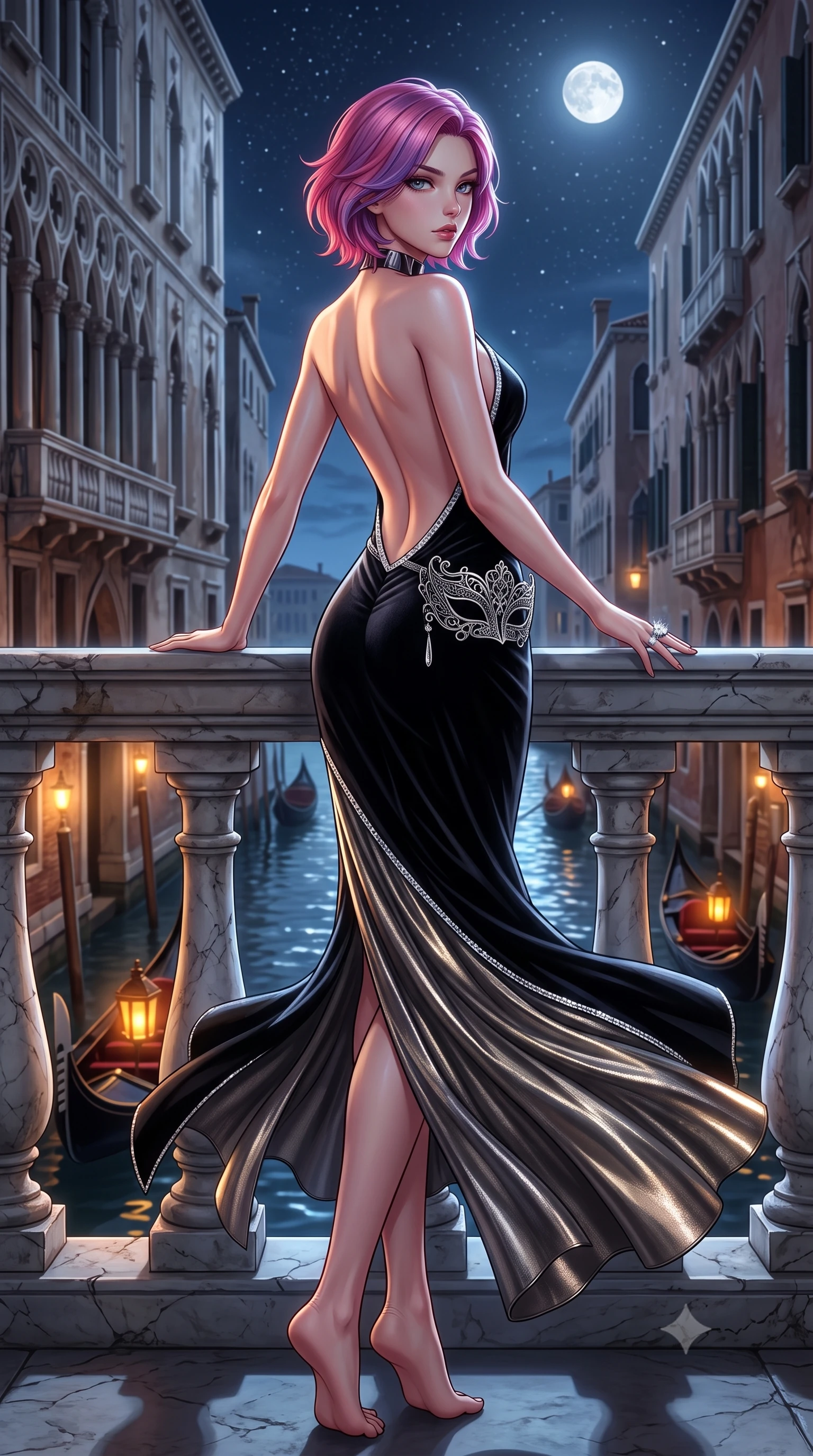 score_9, masterpiece, best quality, ultra-detailed, high-budget anime keyframe, semi-realistic 3D game render, editorial fashion photography, tasteful artistic composition, Caucasian woman. low angle full-body shot from head to toe showing her feet, filling the entire 9:16 vertical frame with her statuesque presence, stretching her vertical silhouette. executing an elegant mid-motion pivot turn as garments swirl around her slender limbs, glancing over her shoulder with an intoxicating bedroom-gaze while leaning against the marble balustrade of a Grand Canal palazzo with hips cocked back, gazing down at the passing gondolas with seductive bedroom-eyes. The surrounding environment is rendered in vivid detail and crisp panoramic clarity. detailed mask filigree, silk dress drape folds, and starry night sky reflections in high resolution. She has an exceptionally tall and slender model-like 8.5-heads proportion, an ultra-slim waist, a flat toned midriff, narrow delicate ribcage, and beautifully sculpted feminine hips creating a graceful, slim hourglass silhouette without any bulky heaviness, with impossibly long slender legs. sharp v-shaped jawline, high-bridge nose, intricate jewel-like eyes with depth, thick eyelashes, glossy parted lips with a natural sheen, intensely captivating and seductive bedroom-eyes expression, flawlessly proportioned anatomical accuracy, strict slender model proportions, natural body alignment, perfectly sculpted long slender limbs, ultra-slim waistline, clean dynamic posture without body distortion. wearing a plunging-V neckline duchess satin gown with high side slits ascending to the high hip in pitch-black velvet with diamond crystal trim, crafted from luxurious metallic lamé that shifts radiance with every step, complemented by a bold geometric choker and sparkling cocktail ring, the dramatically scooped open back descending to the base of her spine, accentuating her razor-sharp statuesque lines and slim hourglass silhouette. bathed in cool silver full-moon light streaming from above and warm amber gondola lantern uplights. highly saturated vibrant anime colors, detailed shading with soft gradients, rich glossy textures, high-contrast stereoscopic depth, volumetric dynamic lighting, master piece, 9:16 ratio