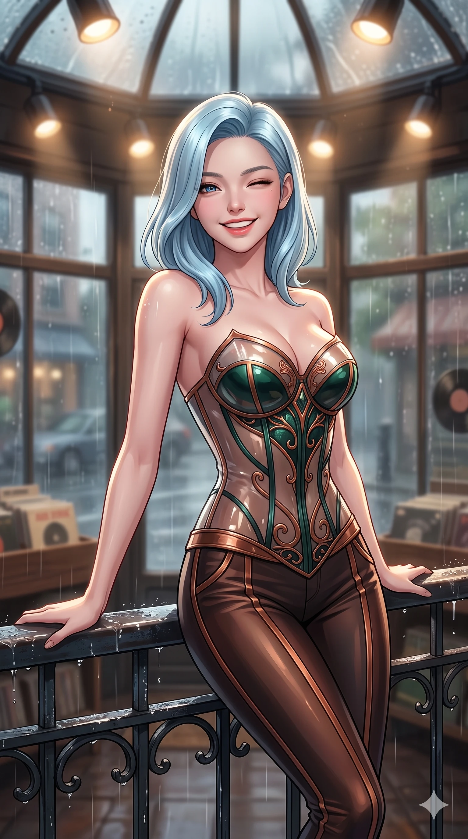 score_9, masterpiece, best quality, ultra-detailed, high-budget anime keyframe, vibrant anime aesthetic, Korean woman. close-up cowboy shot from the waist and thighs up, the character dominates the composition, filling the frame with her large presence, background elements kept in soft focus. She is leaning back on a wet, rain-slicked railing, winking and smiling delightfully, with a bright, joyful gaze with a lively, expressive stance. the background shows a soft-focus window of a cozy vintage record store, looking at the street through rain-streaked window panes (Code-P22-153). She has an absolutely perfect proportion, an exceptionally elegant and slender female figure with an ultra-slim waist. V-shaped jawline, high-bridge nose, intricate jewel-like eyes with depth, thick eyelashes, glossy lips with a natural sheen. wearing a translucent gloss-finish structured bodice with a sweetheart neckline and sleek pants in dark emerald and copper details. She is illuminated by warm overhead spotlights inside the plant conservatory dome, casting soft shadows that enhance her features inside the retro conservatory cafe. 2k, ultra detail, master piece, 9:16 ratio