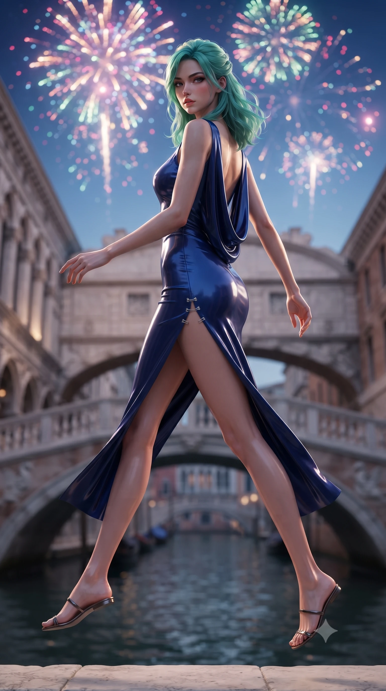 score_9, masterpiece, best quality, ultra-detailed, high-budget anime keyframe, editorial fashion photography, tasteful artistic composition, Japanese woman. low angle full-body shot from head to toe showing her feet, filling the entire 9:16 vertical frame with her statuesque presence, stretching her vertical silhouette. performing an alluring mid-air vault with flawless poise, looking directly into the camera with smoldering intensity while pivoting dynamically on an ancient marble canal bridge as evening carnival fireworks burst in brilliant colors above. The composition keeps background elements in soft focus with creamy bokeh. glowing carnival fireworks scattering colorful light motes across a romantic evening sky. She has an absolutely perfect, statuesque 8.5-heads proportion, an exceptionally tall and slender model-like female figure with impossibly long slender legs, a toned flat midriff, and an ultra-slim waist. sharp v-shaped jawline, high-bridge nose, intricate jewel-like eyes with depth, thick eyelashes, glossy lips with a natural sheen, flawlessly proportioned anatomical accuracy, strict slender model proportions, natural body alignment, perfectly sculpted long slender limbs, ultra-slim waistline, clean dynamic posture without body distortion. wearing a precision-fitted liquid jersey bodycon dress with a dramatic draped cowl back that swoops down to her waist and a high side slit in deep royal navy blue and specular chrome, tailored from semi-translucent cybernetic vinyl with glowing micro-filaments, finished with an ultra-high side slit secured by miniature magnetic clasps, the liquid-tight tailored fabric emphasizing every curve of her tall, slender model proportions and sculptured silhouette during dynamic movement. illuminated by dramatic firework rim lights sharply defining her ultra-slim waist and long legs. ultra-reflective glossy finish, specular highlights, metallic sheen, high-contrast stereoscopic depth, volumetric dynamic lighting, 2k, ultra detail, master piece, 9:16 ratio