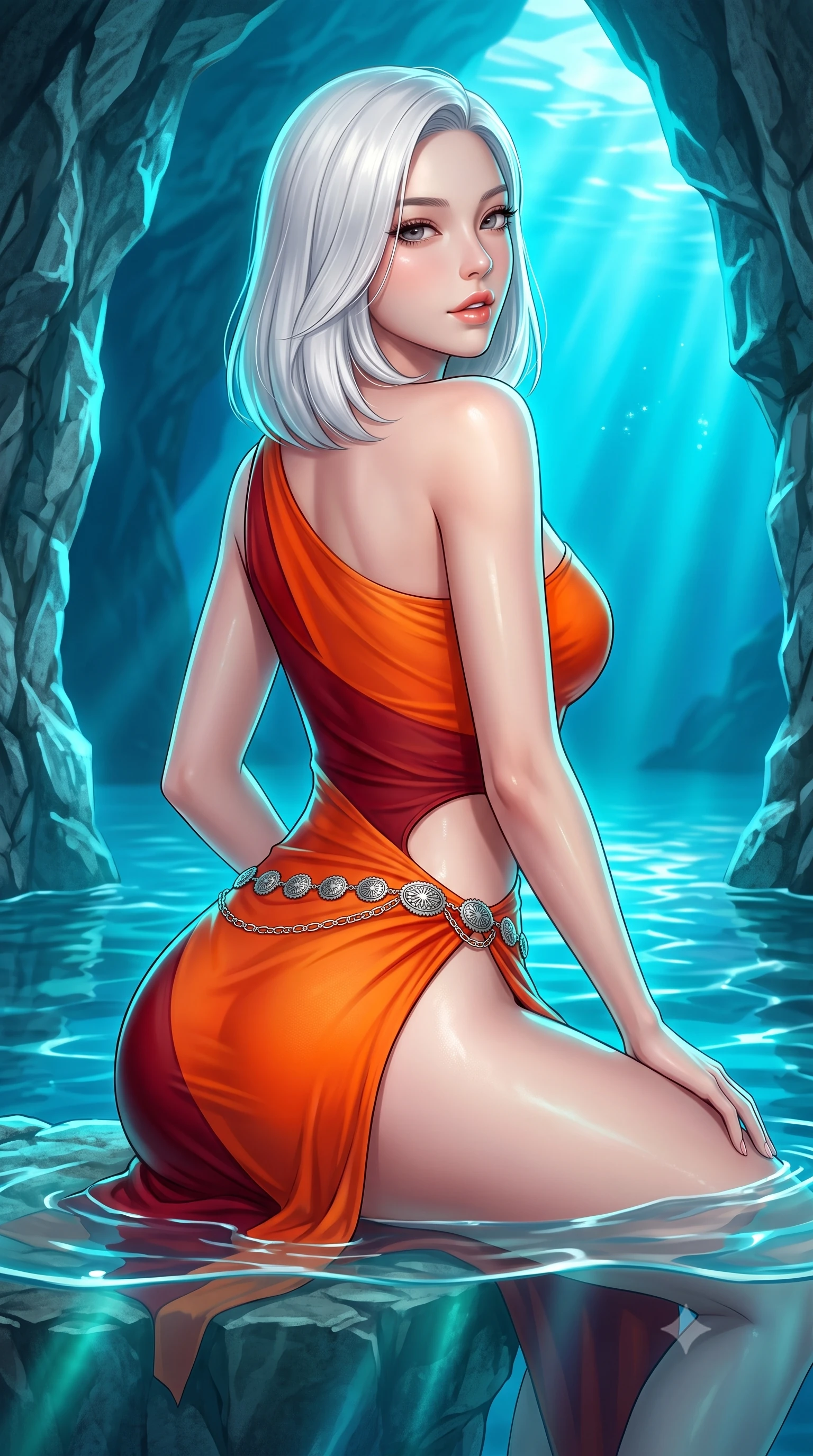 score_9, masterpiece, best quality, ultra-detailed, high-budget anime keyframe, semi-realistic 3D game render, editorial fashion photography, tasteful artistic composition, Korean woman. close-up cowboy shot from the waist and thighs up, the character dominates the composition, filling the frame with her large presence. posing in an alluring rear three-quarter angle, looking over a bare shoulder with parted glossy lips, her hips cocked back to highlight her slim hourglass curve while sitting on the submerged limestone rock ledge inside the luminous sea cave, arching her back with breathtaking sea-nymph siren grace. The surrounding environment is rendered in vivid detail and crisp panoramic clarity: sharp limestone cave wall texture, water surface meniscus clarity, and glowing underwater light beam refraction in deep focus. She has an exceptionally elegant, slender, and willowy female figure with an ultra-slim waist, flat toned midriff, narrow ribcage, and sculpted feminine hips creating an alluring, slim hourglass silhouette without bulk. sharp v-shaped jawline, high-bridge nose, sparkling eyes with hypnotic seductive depth, thick curled eyelashes, glossy parted lips with a natural dewy peach sheen, alluring bedroom-eyes with an enchanting coquettish smile, exuding magnetic siren charisma and sophisticated glamour, flawlessly proportioned anatomical accuracy, strict slender model proportions, natural body alignment, perfectly sculpted long slender limbs, ultra-slim waistline, clean dynamic posture without body distortion. wearing an asymmetric one-shoulder liquid jersey resort gown with dramatic hip-high slit and waist cutout in blazing desert sunset orange and deep canyon crimson, made of semi-opaque stretch illusion mesh with soft shadowy contours, accented with an intricate silver concho waist chain resting loosely on her curvy hips, the high-slit wrap tailoring accentuating her ultra-slim waistline and the enchanting curve of her feminine hips with alluring seductive charm. illuminated by aquatic caustic reflections and sharp electric-cyan rim lights sculpting her jawline, ultra-slim waist, and curvy hips. highly saturated vibrant anime colors, detailed shading with soft gradients, rich glossy textures, high-contrast stereoscopic depth, volumetric dynamic lighting, master piece, 9:16 ratio