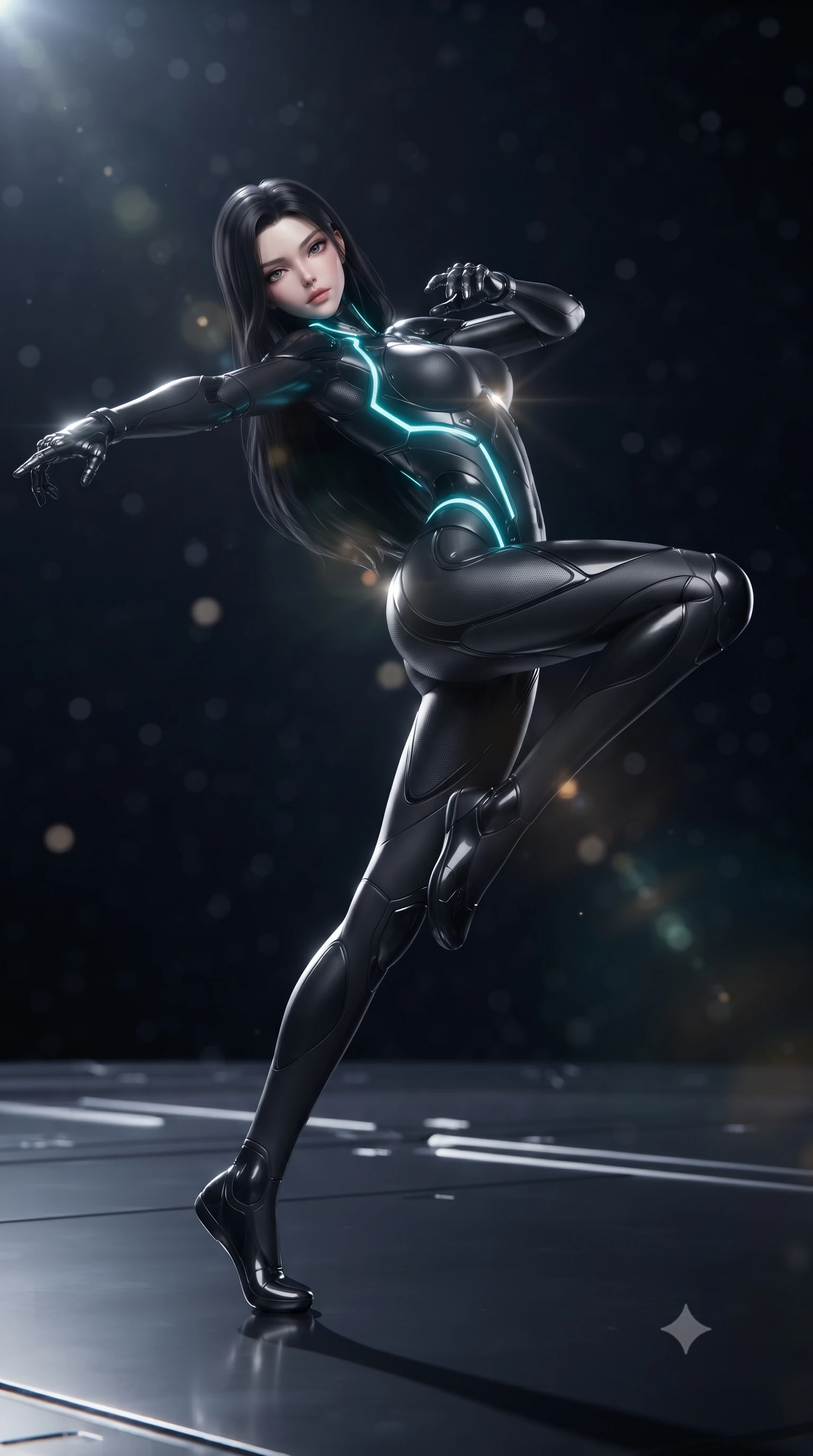 score_9, masterpiece, best quality, ultra-detailed, high-budget anime keyframe, editorial fashion photography, tasteful artistic composition, Korean woman. low angle full-body shot from head to toe showing her feet, filling the entire 9:16 vertical frame with her statuesque presence, stretching her vertical silhouette. pivoting dynamically in a high-speed low sweep kick along the reflective floor, her athletic torso and ultra-slim waist twisting in a fluid arc of power while arching her back gracefully in zero-gravity with arms outstretched in fluid kinetic tension as solar rays trace her torso. The composition keeps background elements in soft focus with creamy bokeh. distant starlight and solar flare rays scattering soft glowing light motes across a deep space backdrop. She has an absolutely perfect, statuesque 8.5-heads proportion, an exceptionally tall and slender model-like female figure with impossibly long slender legs, a toned flat midriff, and an ultra-slim waist. sharp v-shaped jawline, high-bridge nose, intricate jewel-like eyes with depth, thick eyelashes, glossy lips with a natural sheen, flawlessly proportioned anatomical accuracy, strict slender model proportions, natural body alignment, perfectly sculpted long slender limbs, ultra-slim waistline, clean dynamic posture without body distortion. wearing a high-mobility matte-black carbon-fiber combat bodysuit with glowing neon cyan kinetic conduits and Damascus-textured knuckle guards in matte obsidian carbon black with electric cyan conduits, formed from high-gloss patent carbon-plating with specular chiaroscuro reflections, detailed with magnetic knuckle shock-absorbers and polished chrome articulation joints, the sleek second-skin cut tightly hugging her graceful clavicle, narrow waist, and feminine curves with athletic precision. illuminated by crisp white key light and sharp specular highlights tracing her ultra-slim waist and long legs. ultra-reflective glossy finish, specular highlights, dark metallic sheen, high-contrast stereoscopic depth, volumetric dynamic lighting, 2k, ultra detail, master piece, 9:16 ratio