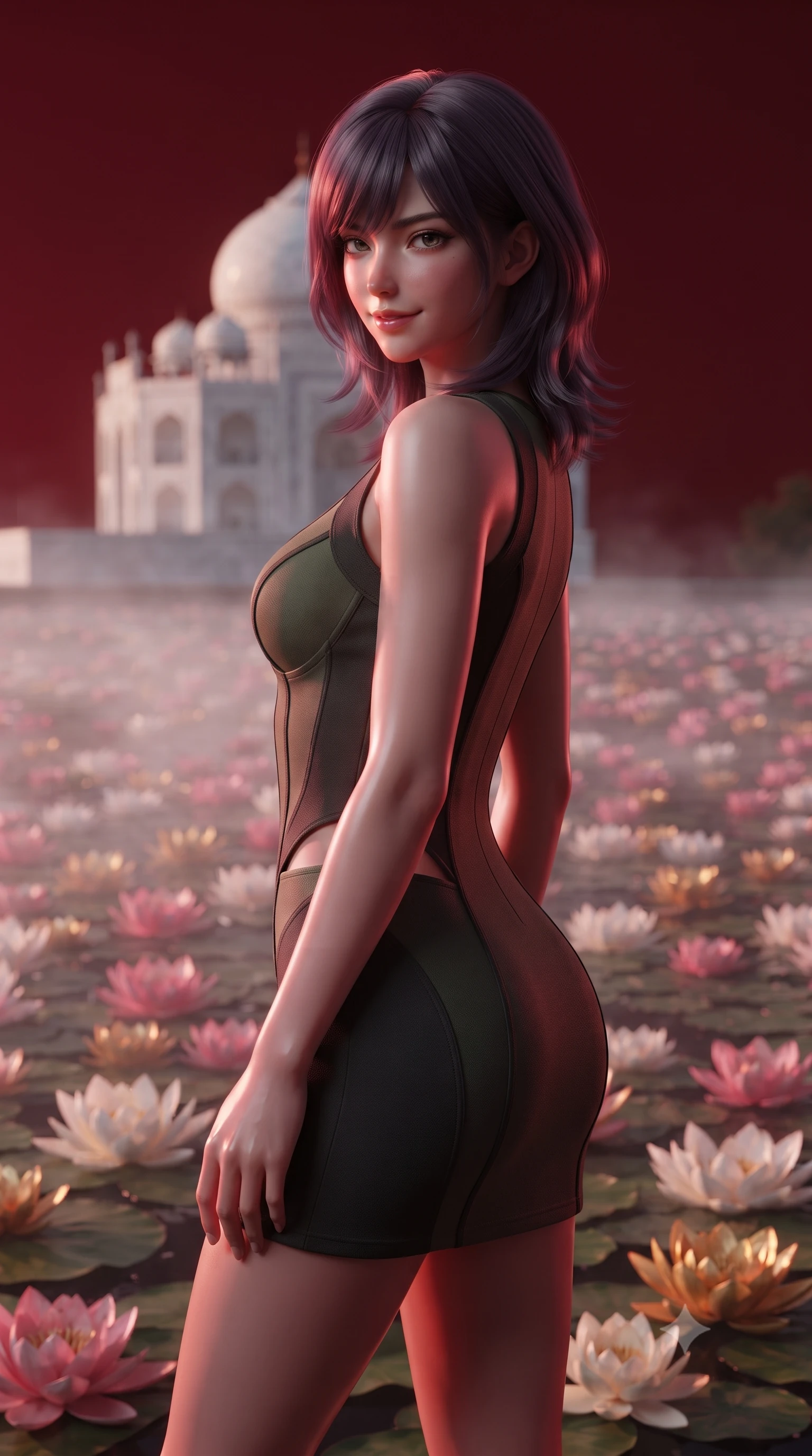 score_9, masterpiece, best quality, ultra-detailed, high-budget anime keyframe, editorial fashion photography, tasteful artistic composition, Japanese woman. close-up cowboy shot from the waist and thighs up, the character dominates the composition, filling the frame with her large presence, background elements kept in soft focus. Glancing sidelong over her shoulder with a smoldering half-smile. set against a soft-focus background of a serene white marble temple in the center of a vast lake completely covered in blooming lotus flowers in pink white and gold their petals open to the morning sun with mist hovering just above the flower carpet. She has an exceptionally elegant and slender, willowy female figure with an ultra-slim waist, a gracefully sculpted slender torso, and a refined slim physique. sharp v-shaped jawline, high-bridge nose, intricate jewel-like eyes with depth, thick eyelashes, glossy lips with a natural sheen. wearing a combat mini dress in dark olive green and charcoal, featuring subtle hip cutouts and a structured bodice. deep crimson theatrical lighting with sharp specular highlights on every curve. 2k, ultra detail, master piece, 9:16 ratio