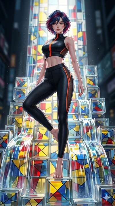 score_9, masterpiece, best quality, ultra-detailed, high-budget anime keyframe, Korean woman. low angle full-body shot filling the entire 9:16 frame with her statuesque presence, stretching the vertical silhouette. balancing on cubist glass blocks th