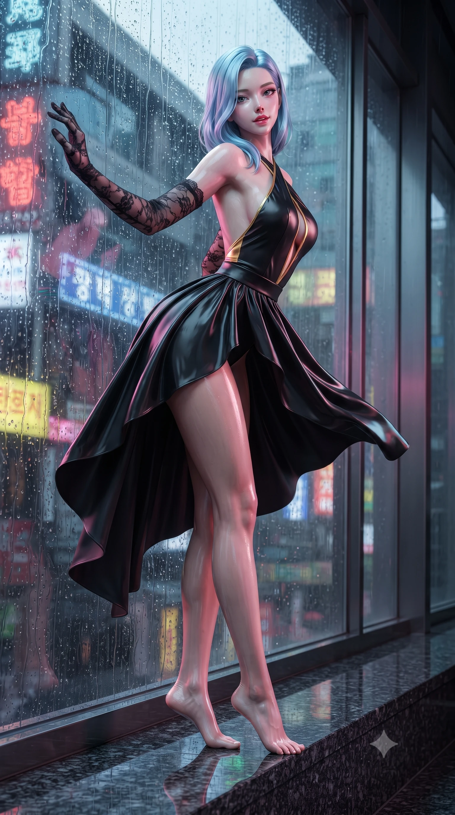 score_9, masterpiece, best quality, ultra-detailed, high-budget anime keyframe, editorial fashion photography, tasteful artistic composition, Korean woman. low angle full-body shot from head to toe showing her feet, filling the entire 9:16 vertical frame with her statuesque presence, stretching her vertical silhouette. executing a slow, graceful pivot turn as her skirt sways around her slender legs, glancing back with an enchanting, teasing sensual expression while leaning back against the glass with hips cocked back, looking into the camera with an intoxicating, smoldering bedroom-gaze. The surrounding environment is rendered in vivid detail and crisp panoramic clarity: sharp rain stream refraction lines on glass, polished black granite sill reflections, and distant skyscraper neon signage in deep focus. She has an absolutely perfect, statuesque 8.5-heads proportion, an exceptionally tall and slender model-like female figure with impossibly long slender legs, an ultra-slim waist, a flat toned midriff, narrow delicate ribcage, and beautifully sculpted feminine hips creating a graceful, slim hourglass silhouette without any bulky heaviness. sharp v-shaped jawline, high-bridge nose, sparkling eyes with hypnotic seductive depth, thick curled eyelashes, glossy parted lips with a natural dewy peach sheen, alluring bedroom-eyes with an enchanting coquettish smile, exuding magnetic siren charisma and sophisticated glamour, flawlessly proportioned anatomical accuracy, strict slender model proportions, natural body alignment, perfectly sculpted long slender limbs, ultra-slim waistline, clean dynamic posture without body distortion. wearing a criss-cross halterneck keyhole bodysuit with open back and sculpted waist darts in midnight obsidian black and liquid champagne gold, tailored from fine structural neoprene with crisp architectural edges and smooth contouring, complemented by sheer opera-length lace evening gloves tracing her slender arms, the precision-cut side openings and low-back scoop framing her graceful spine and the sensual sweep of her slim, toned hips. bathed in dynamic shifting multi-color neon light transmitted through rain-streaked exterior glass. ultra-reflective glossy finish, specular highlights, rich textural contrasts, high-contrast stereoscopic depth, volumetric dynamic lighting, 2k, ultra detail, master piece, 9:16 ratio