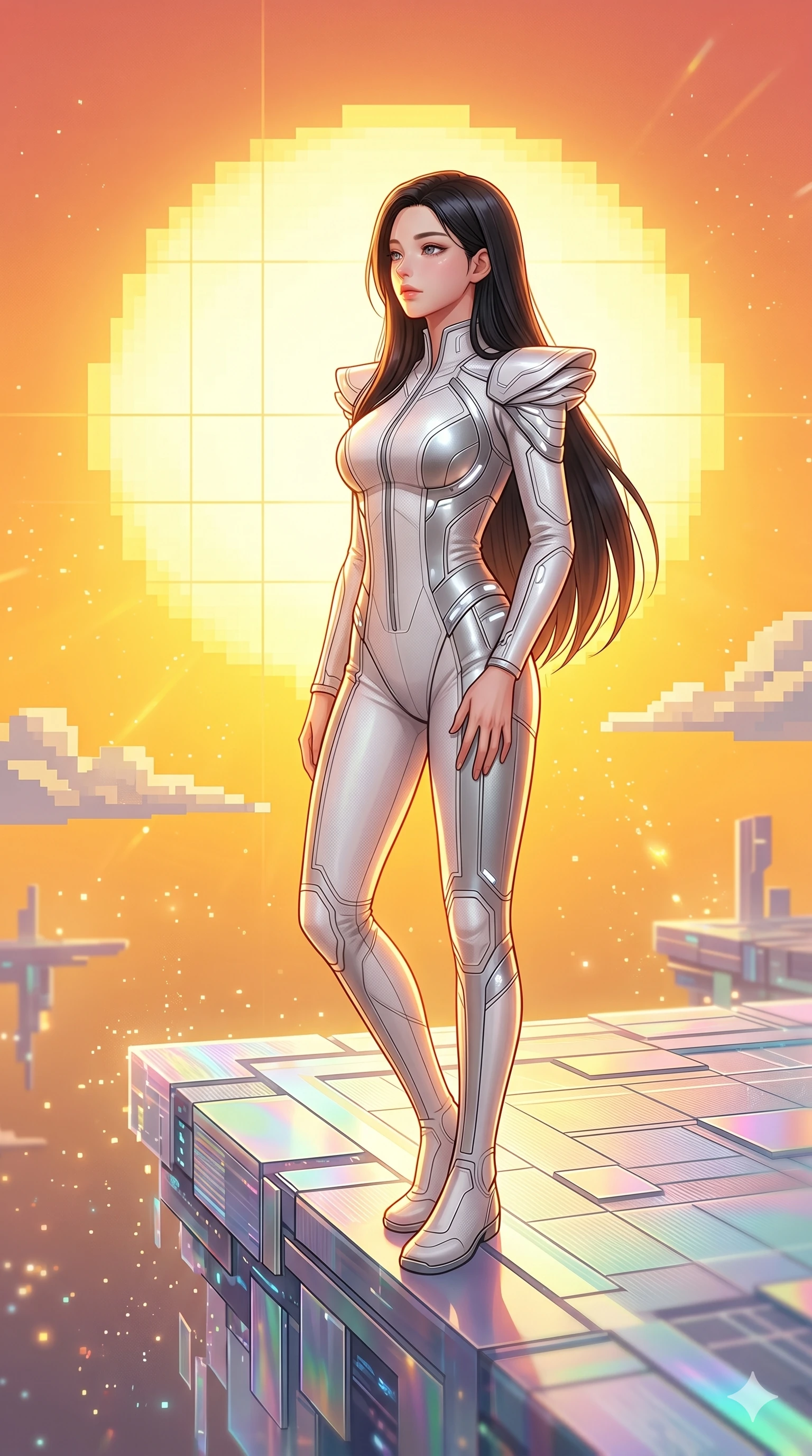 score_9, masterpiece, best quality, ultra-detailed, high-budget anime keyframe, Korean woman. Upper body close-up from the thighs up, character filling the screen for maximum presence. Inside a virtual reality skybox, looking at a pixelated sun, standing on the edge, looking at the sun with a dreamy, serene expression. She is wearing a sleek white and silver jumpsuit with structured shoulder panels. The scene is drenched in the bright yellow and orange light of the pixelated sun. 2k, ultra detail, master piece, 9:16 ratio