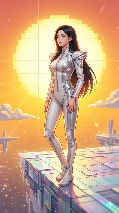 score_9, masterpiece, best quality, ultra-detailed, high-budget anime keyframe, Korean woman. Upper body close-up from the thighs up, character filling the screen for maximum presence. Inside a virtual reality skybox, looking at a pixelated sun, stan