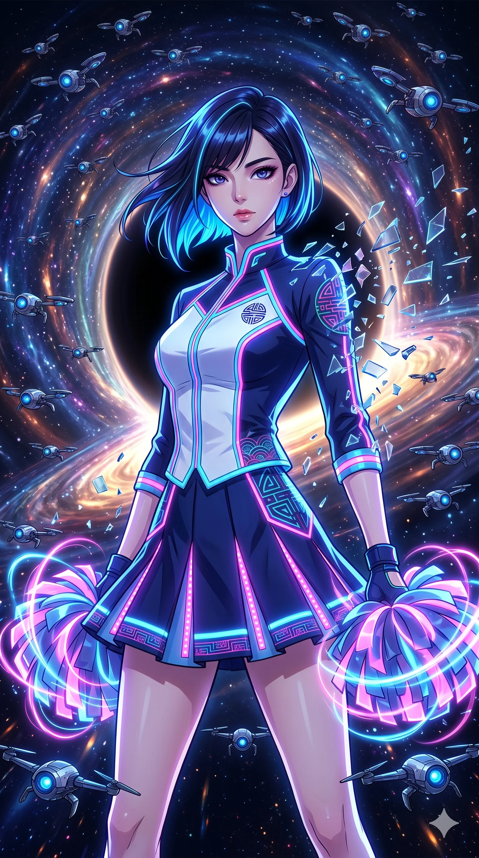 score_9, masterpiece, best quality, ultra-detailed, Set A: High-budget Anime Keyframe, Korean woman. Upper body close-up from the thighs up, character filling the screen for maximum presence. Theme: Historical Remix. shattering the fabric of reality in the edge of a black hole, surrounded by 129 hovering guardian drones. The atmosphere is filled with a swirling vortex of stars. She has an absolutely perfect 8-heads proportion, an exceptionally tall and slender female figure with impossibly long slender legs and an ultra-slim waist. Sharp v-shaped jawline, high-bridge nose, intricate jewel-like eyes with depth, glossy lips. Wearing Cyber-punk cheerleader outfit with glowing pom-poms and a neon-trim pleated skirt. Cinematic lighting, vivid colors, dramatic shadows, 2k, ultra detail, master piece, 9:16 ratio