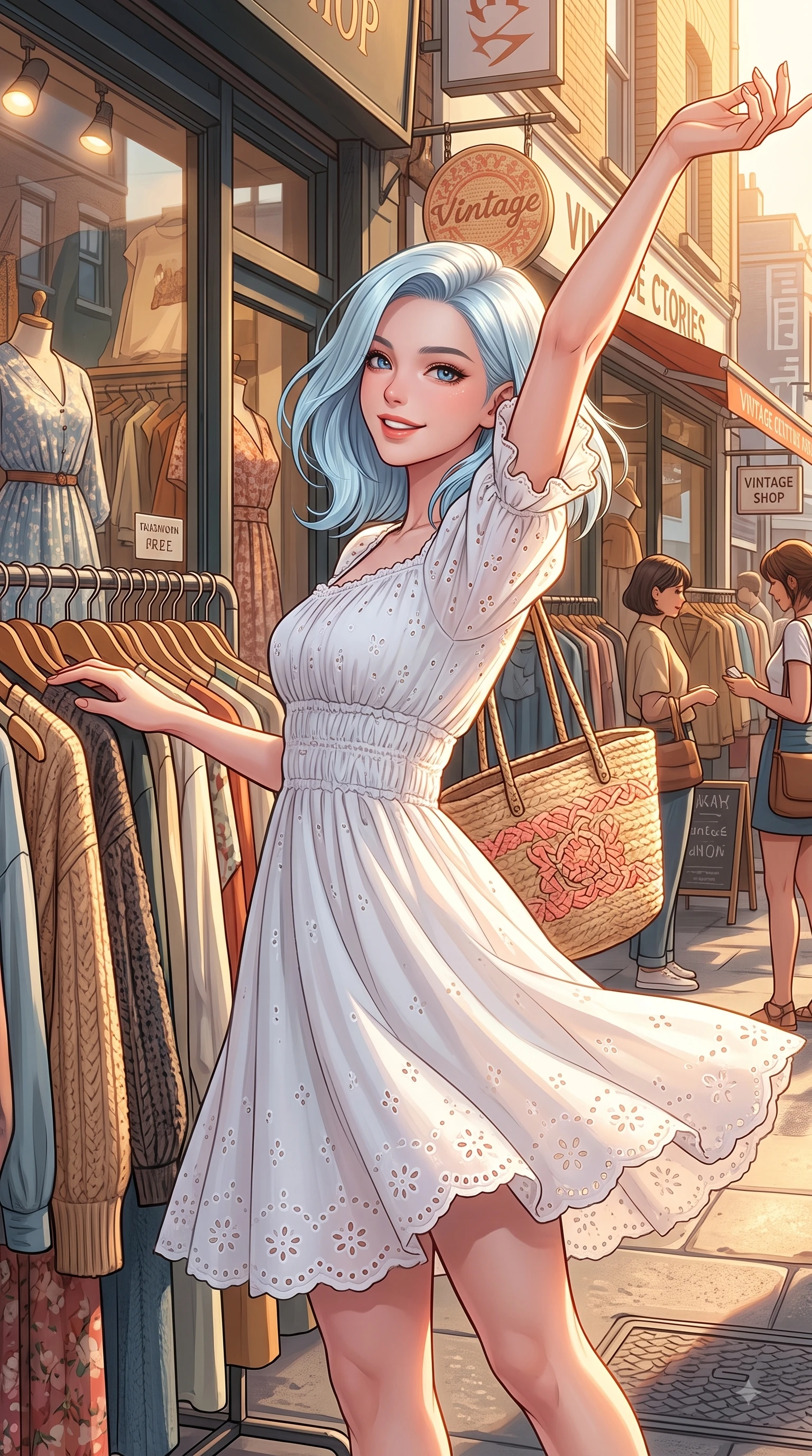 score_9, masterpiece, best quality, ultra-detailed, high-budget anime keyframe, editorial fashion photography, tasteful artistic composition, Korean woman. close-up cowboy shot from the waist and thighs up, the character dominates the composition, filling the frame with her large presence. Extending one arm in an elegant stretch toward the light while smiling with vibrant, youthful self-assurance while browsing outdoor vintage clothing racks with a bright, playful expression looking back at the camera. The surrounding environment is rendered in vivid detail and crisp panoramic clarity. intricate fashion window displays, trendy signage, and urban street textures in deep focus. She has an exceptionally elegant, slender, and willowy female figure with an ultra-slim waist, a gracefully sculpted slender torso, and a refined silhouette. sharp v-shaped jawline, high-bridge nose, intricate jewel-like eyes with depth, thick eyelashes, glossy lips with a natural sheen, flawlessly proportioned anatomical accuracy, natural body alignment, perfectly sculpted elegant limbs, clean dynamic posture without body distortion. wearing an airy white eyelet lace sundress with a woven straw hat motif in peach blossom pink and warm oatmeal, made of fine lightweight chiffon that flutters gently in the breeze, accented with soft smocked details and fluttery cuffs, the breezy lightweight fabric fluttering softly against her delicate frame. bathed in bright golden hour sunshine and warm urban ambient illumination. highly saturated vibrant anime colors, detailed shading with soft gradients, rich glossy textures, high-contrast stereoscopic depth, volumetric dynamic lighting, master piece, 9:16 ratio