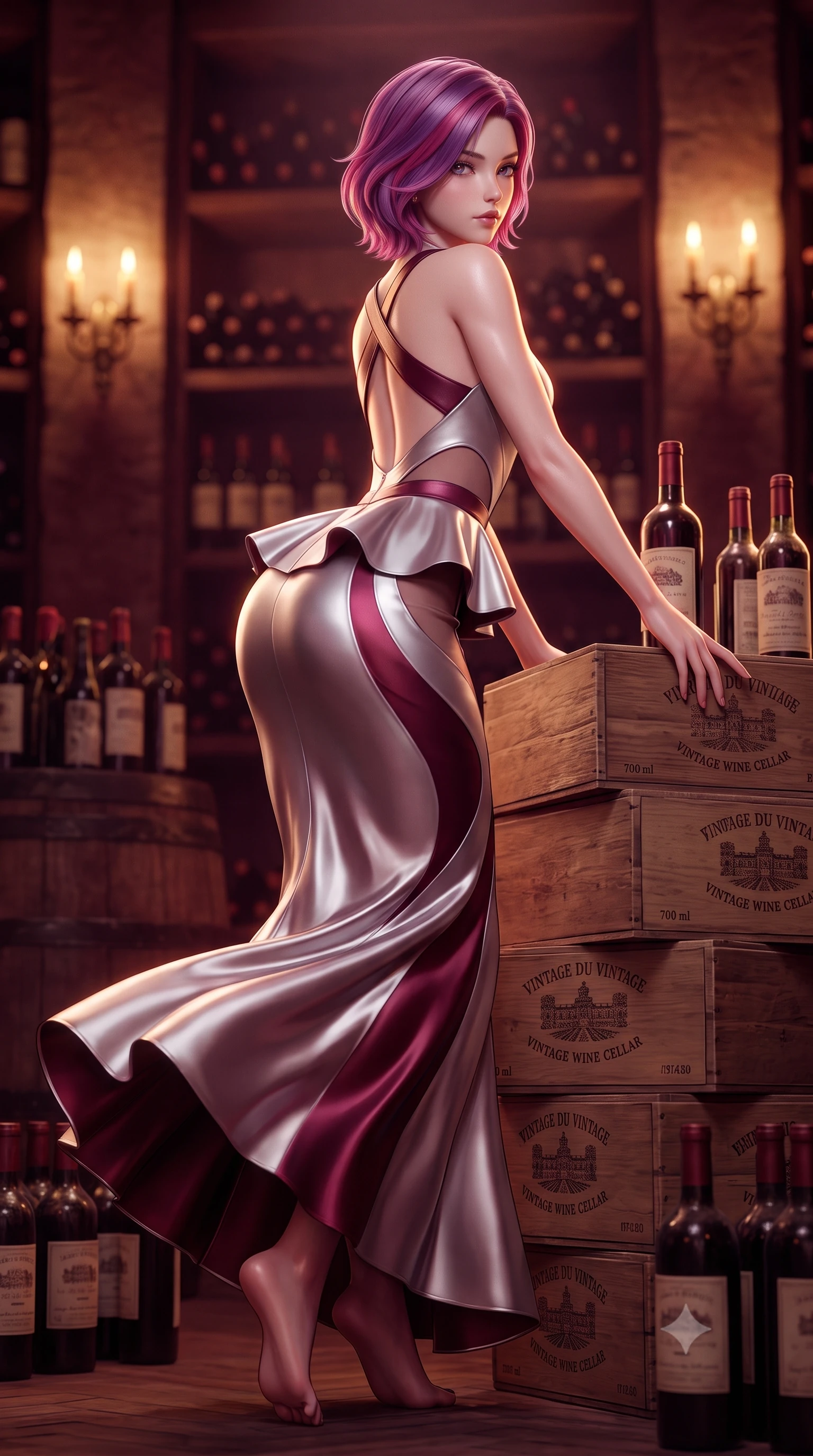 score_9, masterpiece, best quality, ultra-detailed, high-budget anime keyframe, semi-realistic 3D game render, editorial fashion photography, tasteful artistic composition, Caucasian woman. low angle full-body shot from head to toe showing her feet, filling the entire 9:16 vertical frame with her statuesque presence, stretching her vertical silhouette. executing an elegant mid-motion pivot turn as garments swirl around her slender limbs, glancing over her shoulder with an intoxicating bedroom-gaze while reclining languidly atop stacked antique wine crates propped on one elbow, her curvy hips and long slender legs creating a breathtaking line in the candlelit cellar. The composition keeps background elements in soft focus with creamy bokeh. thousands of dusty vintage wine bottles and flickering wall sconces blurred into deep ruby, warm amber, and aged burgundy bokeh. She has an absolutely perfect, statuesque 8.5-heads proportion, an exceptionally tall and slender model-like female figure with impossibly long slender legs, a toned flat midriff, an ultra-slim waist, and beautifully sculpted feminine hips. sharp v-shaped jawline, high-bridge nose, intricate jewel-like eyes with depth, thick eyelashes, glossy parted lips with a natural sheen, intensely captivating and seductive bedroom-eyes expression, flawlessly proportioned anatomical accuracy, strict slender model proportions, natural body alignment, perfectly sculpted long slender limbs, ultra-slim waistline, clean dynamic posture without body distortion. wearing a structural geometric peplum gown with sheer side-ribbon cutouts and form-fitting skirt in shimmering silver mercury and wine burgundy, tailored from ultra-smooth duchess satin with a pearlescent wine sheen, featuring an open-back criss-cross harness strap in dark leather, the precision-cut side openings and low-back scoop framing her graceful spine and the sensual sweep of her hips. illuminated by rich specular rim lights defining her razor-sharp jawline, narrow waist, and curvy hips. highly saturated vibrant anime colors, detailed shading with soft gradients, rich glossy textures, high-contrast stereoscopic depth, volumetric dynamic lighting, master piece, 9:16 ratio