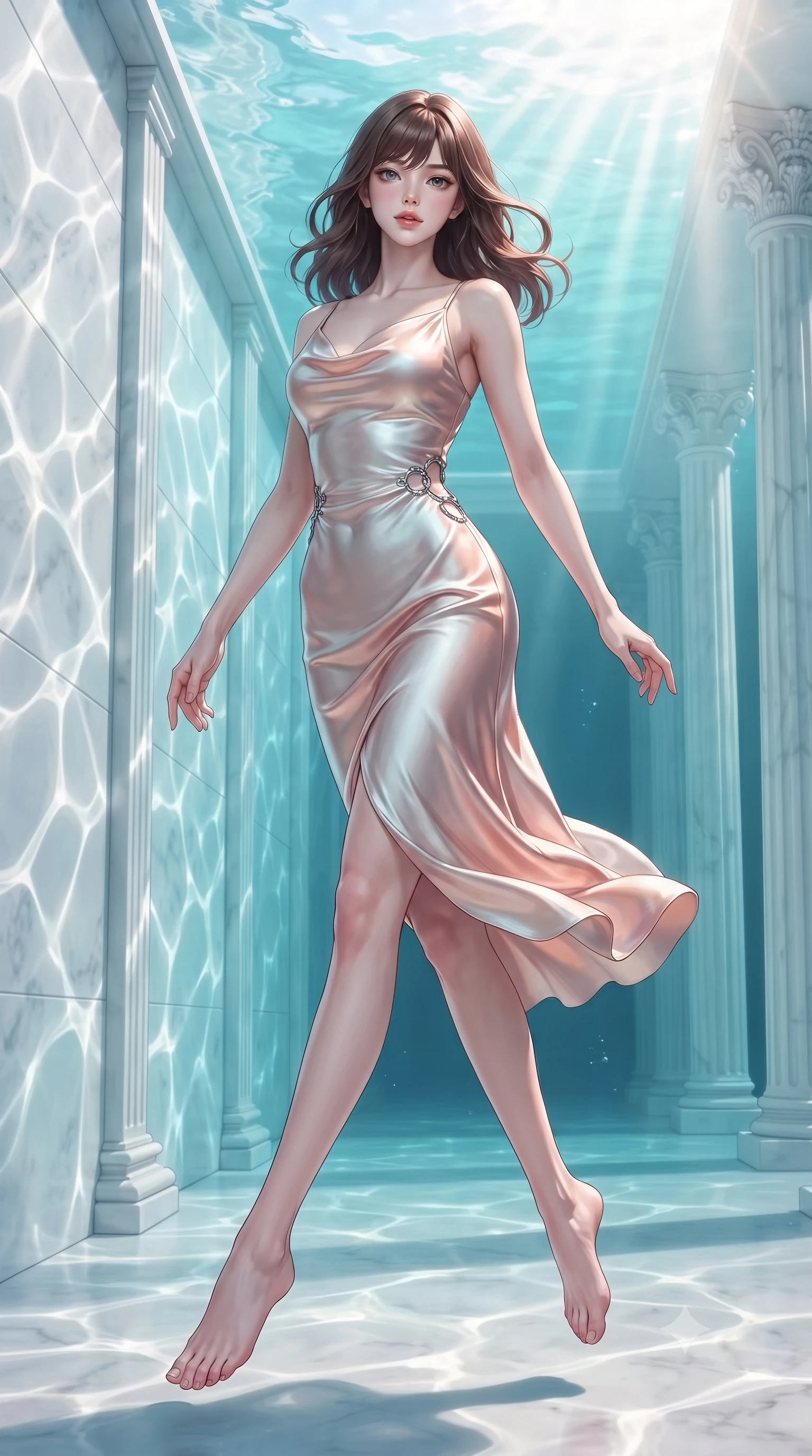 score_9, masterpiece, best quality, ultra-detailed, high-budget anime keyframe, editorial fashion photography, tasteful artistic composition, Korean woman. low angle full-body shot from head to toe showing her feet, filling the entire 9:16 vertical frame with her statuesque presence, stretching her vertical silhouette. leaping gracefully through the environment with statuesque elegance and long slender legs floating gracefully through a sunken white marble colonnade underwater, shimmering water reflections dancing dynamically across the marble walls. She has an absolutely perfect, statuesque 8.5-heads proportion, an exceptionally tall and slender model-like female figure with impossibly long slender legs and an ultra-slim waist. sharp v-shaped jawline, high-bridge nose, intricate jewel-like eyes with depth, thick eyelashes, glossy lips with a natural sheen. wearing an elegant cowl-neck satin midi dress with a draped neckline in pearl white and rose gold, crafted from smooth liquid silk, accented with delicate chrome ring hardware framing her waist, the elegant draped fit framing her graceful clavicle and slender torso. bathed in brilliant underwater sunbeams and soft turquoise caustic glow. highly saturated vibrant anime colors, detailed shading with soft gradients, rich glossy textures, high-contrast stereoscopic depth, volumetric dynamic lighting, master piece, 9:16 ratio