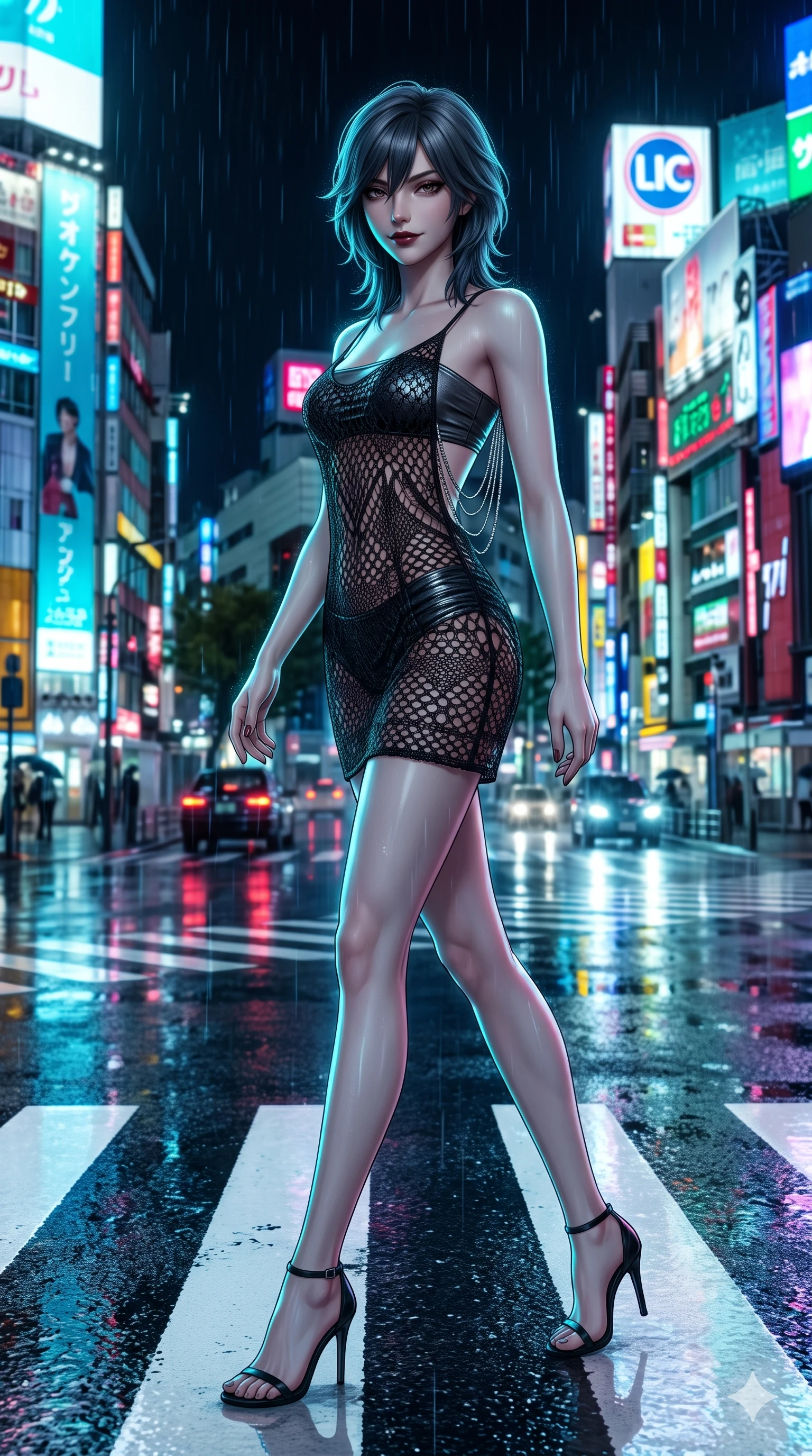 score_9, masterpiece, best quality, ultra-detailed, high-budget anime keyframe, semi-realistic 3D game render, editorial fashion photography, tasteful artistic composition, Caucasian woman. low angle full-body shot from head to toe showing her feet, filling the entire 9:16 vertical frame with her statuesque presence, stretching her vertical silhouette. stepping forward into the rain-streaked neon light, head tilted slightly as her smoldering gaze captivates the lens while pausing mid-stride on the wet white zebra crossing as traffic reflections shimmer beneath her stiletto heels, arching her back with sovereign grace. The surrounding environment is rendered in vivid detail and crisp panoramic clarity: detailed metallic leather mini dress cling, liquid mercury sheen, and modern Japanese cityscape in razor-sharp clarity. She has an exceptionally tall and slender model-like 8.5-heads proportion, an ultra-slim waist, a flat toned midriff, narrow delicate ribcage, and beautifully sculpted feminine hips creating a graceful, slim hourglass silhouette without any bulky heaviness, with impossibly long slender legs. sharp v-shaped jawline, high-bridge nose, intricate jewel-like dark sparkling eyes with dangerous depth, thick curled eyelashes, glossy parted lips with a rich wine sheen, smoldering seductive half-smile with bedroom-eyes, exuding effortless superiority and intoxicating dark allure, flawlessly proportioned anatomical accuracy, strict slender model proportions, natural body alignment, perfectly sculpted long slender limbs, ultra-slim waistline, clean dynamic posture without body distortion. wearing a delicate semi-sheer openwork crochet knit slip worn over a metallic micro-bandeau and ruched briefs in pure obsidian monochrome with subtle metallic sheen, woven from fine semi-opaque stretch illusion mesh tracing every contour of her figure, accented with an open-back drape framed by falling strands of delicate chrome chains, the form-fitting cut adhering flawlessly to her sculpted flat midriff and slender torso, emphasizing her long leg lines and perfectly proportioned willowy build. illuminated by mirror-wet road surface bounce and sharp electric-cyan rim lights defining her razor-sharp jawline, narrow waist, and curvy hips. highly saturated vibrant anime colors, detailed shading with soft gradients, rich glossy textures, high-contrast stereoscopic depth, volumetric dynamic lighting, master piece, 9:16 ratio
