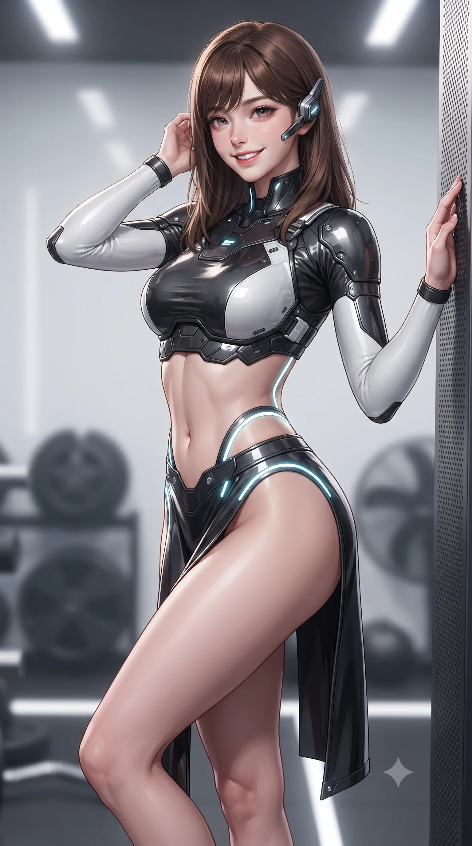 score_9, masterpiece, best quality, ultra-detailed, high-budget anime keyframe, editorial fashion photography, tasteful artistic composition, Korean woman. close-up cowboy shot from the waist and thighs up, the character dominates the composition, filling the frame with her large presence. tilting her head with a captivating smile while arching her spine with dancer poise, one hand adjusting her ear comm-link in a flirtatious S-curve while resting lightly against a magnetic wall grip with legs extended, displaying her toned midriff and long slender limbs with effortless charisma. The background shows a soft-focus floating magnetic fitness weights and aerodynamic air resistance fans softened in space-fitness shallow focus. She has an exceptionally elegant, slender, and willowy female figure with an ultra-slim waist, flat toned midriff, narrow ribcage, and sculpted feminine hips creating an alluring, slim hourglass silhouette without bulk. sharp v-shaped jawline, high-bridge nose, intricate jewel-like sparkling eyes with depth, thick eyelashes, glossy parted lips with a natural sheen, bright confident smile with an enchanting and coquettish sensual glint, exuding both youthful magnetic charm and sovereign high-tech allure, flawlessly proportioned anatomical accuracy, strict slender model proportions, natural body alignment, perfectly sculpted long slender limbs, ultra-slim waistline, clean dynamic posture without body distortion. wearing a cyber-samurai tactical suit featuring a shortened carbon chestplate and high-slit armored wrap skirt in dual-tone high-contrast monochrome black and stark white, tailored from ultra-reflective glossy liquid vinyl with mirror-like specular highlights, accented with glowing neon fiber-optic piping tracing her spine and hip lines, the precision-cut side openings and low-back scoop framing her graceful spine and the sensual sweep of her slim, toned hips. illuminated by floor LED guides and sharp platinum rim lights defining her razor-sharp jawline, narrow waist, and curvy hips. ultra-reflective glossy finish, specular highlights, rich textural contrasts, high-contrast stereoscopic depth, volumetric dynamic lighting, 2k, ultra detail, master piece, 9:16 ratio